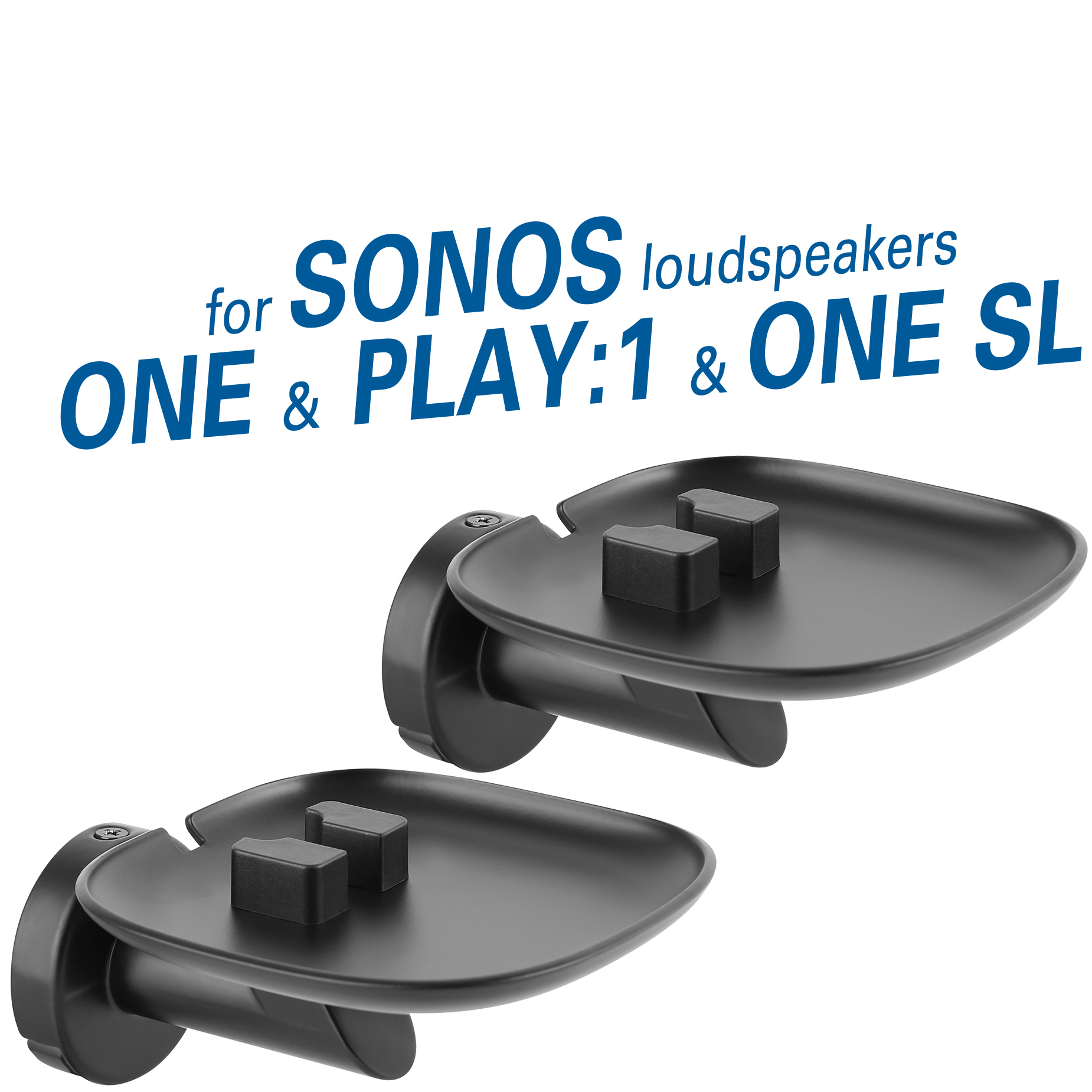 Zwei schwarze Sonos-Lautsprecherhalterungen auf weißem Hintergrund. Text: 'SONOS loudspeakers ONE & PLAY:1 & ONE SL'.