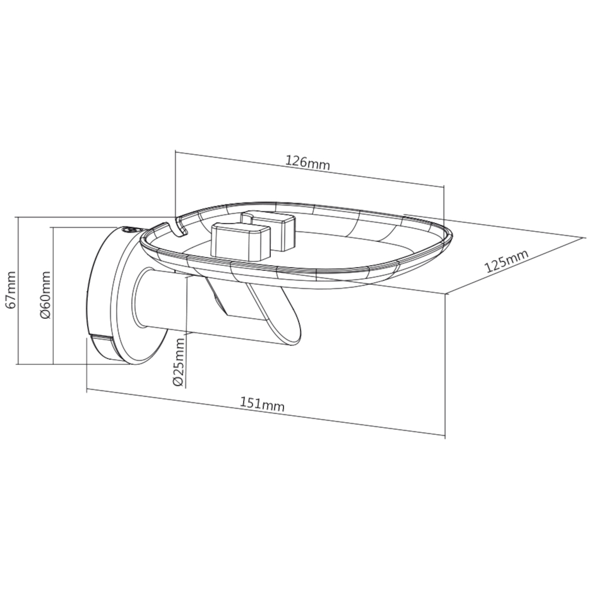 Wand-Seifenschale mit Abmessungen und Diagramm.