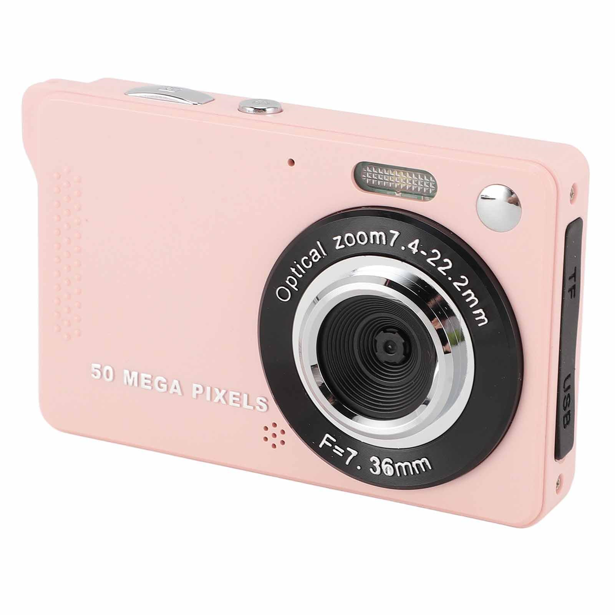 Rosa Digitalkamera mit schwarzem Objektiv und Knöpfen. Weißer Hintergrund.