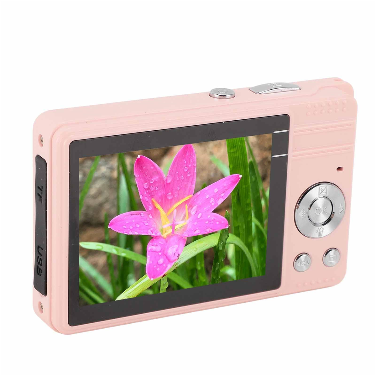 Rosa Digitalkamera, Bildschirm zeigt eine Blume. Knöpfe und Anschlüsse sind sichtbar.