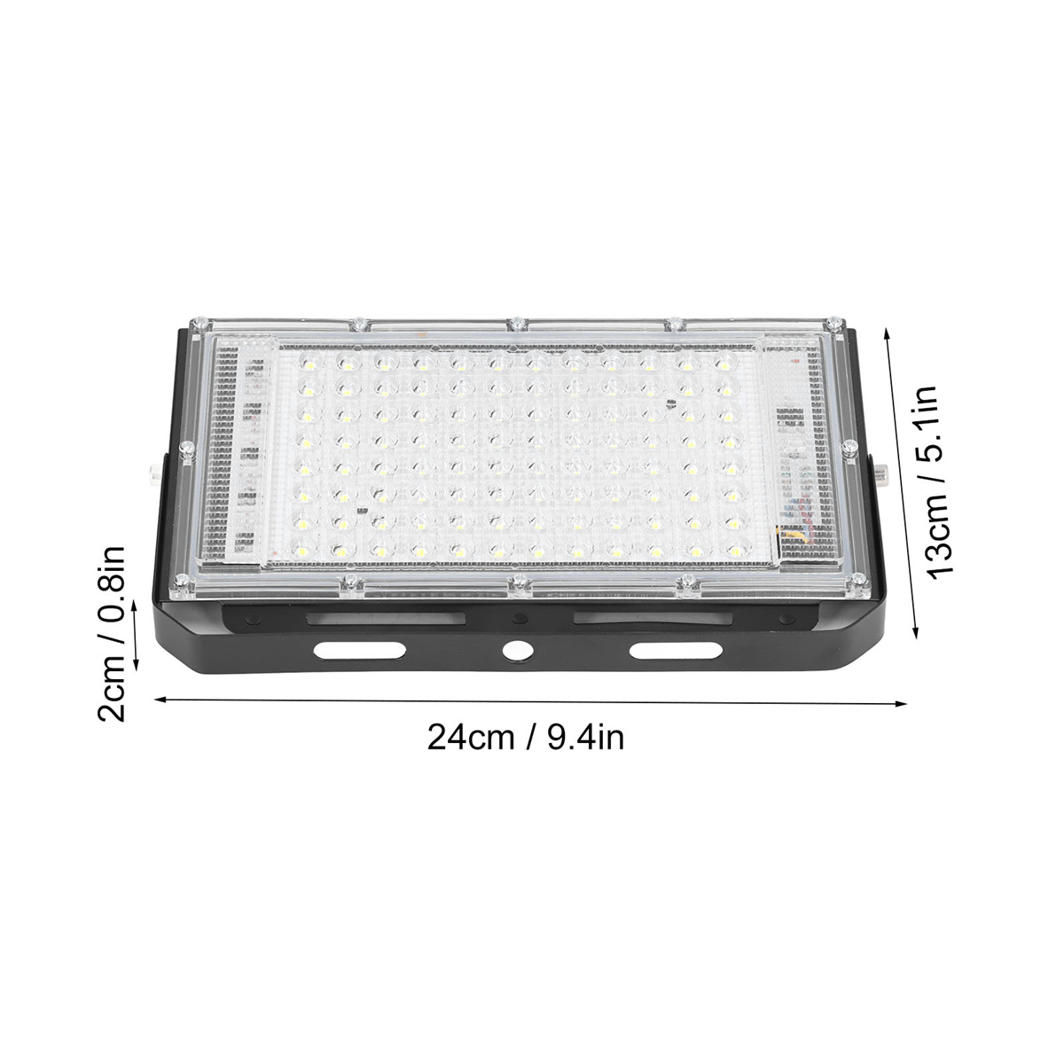 Rechteckiger LED-Fluter mit den Maßen: 24 cm x 13 cm x 2 cm, schwarzes Gehäuse.