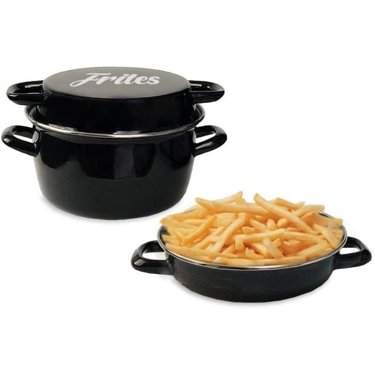 Due pentole nere con manici, una piena di patatine fritte. Testo bianco su un coperchio.