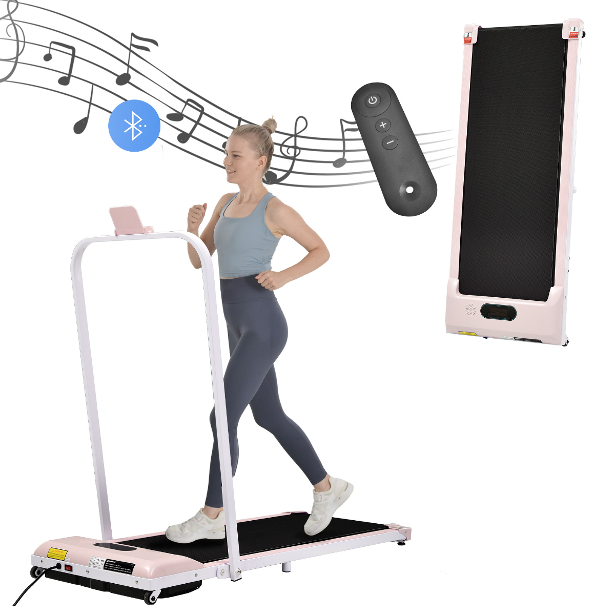 Frau läuft auf einem rosa Klapplaufband. Bluetooth-Symbol und Noten werden angezeigt. Fernbedienung wird auch gezeigt.