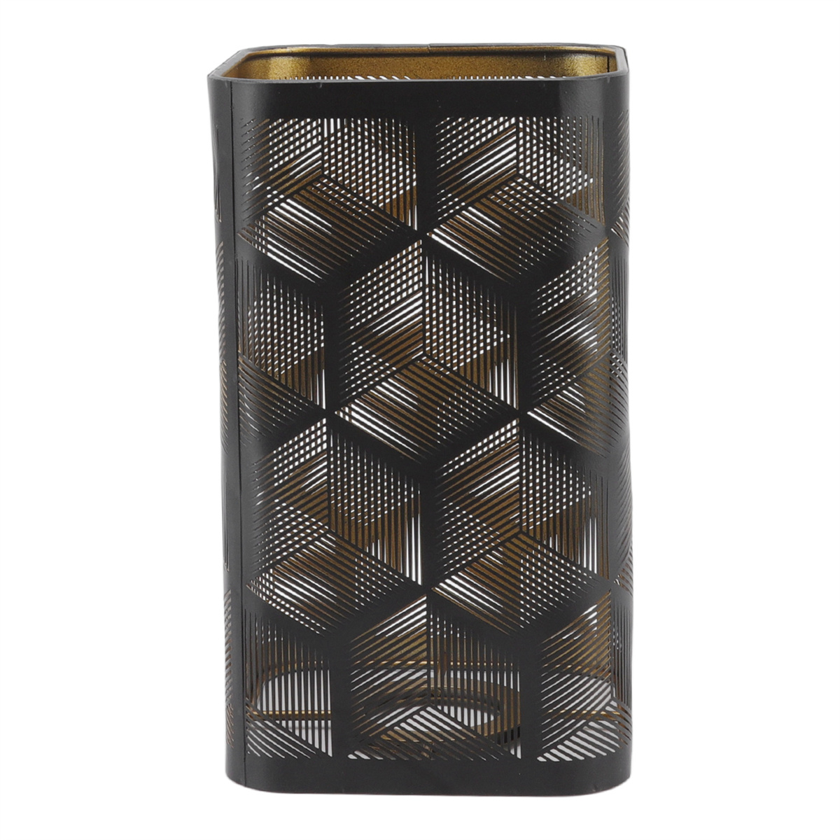 Ein schwarz-goldenes dekoratives Objekt mit geometrischem Muster. Weißer Hintergrund.