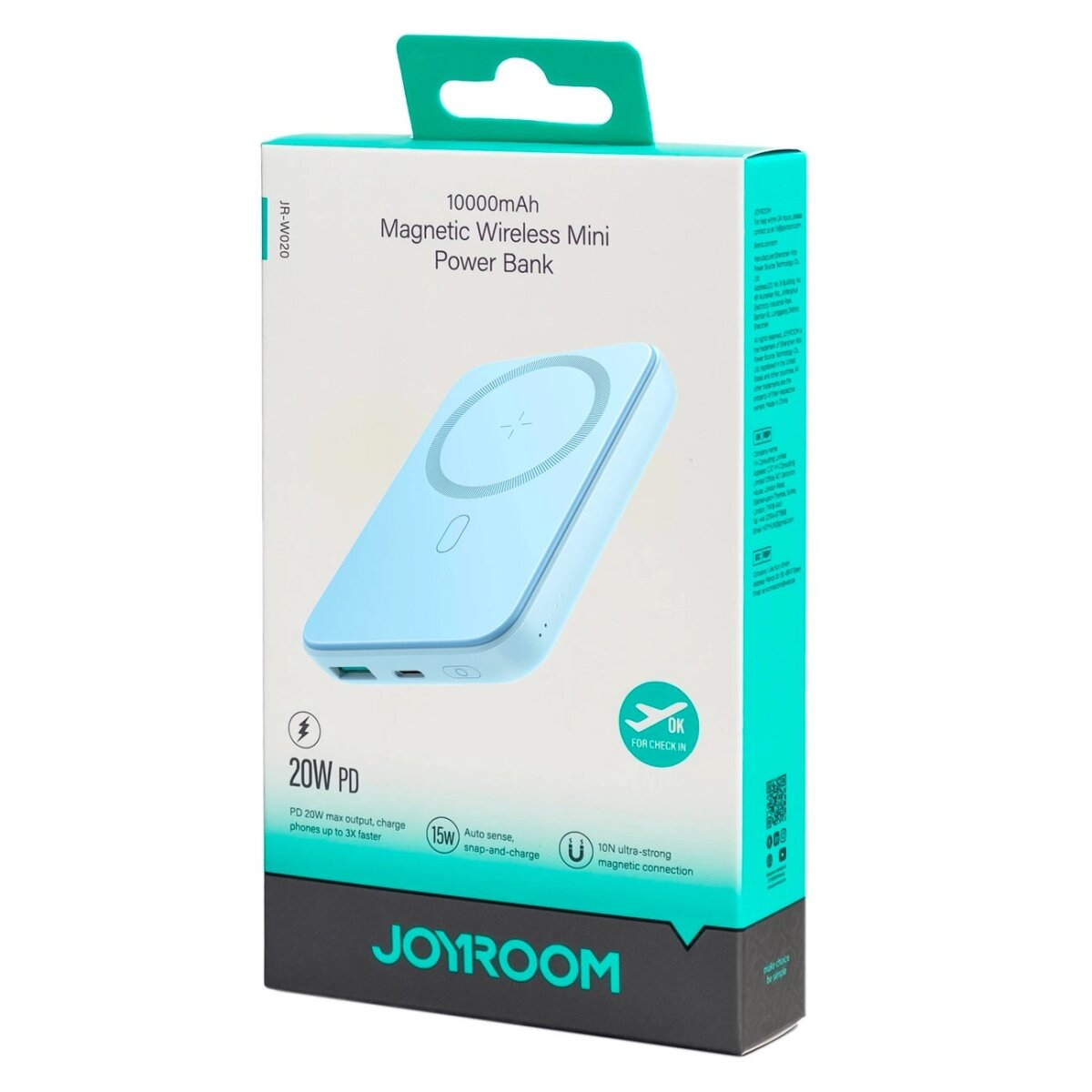Blaue Powerbank-Box. Zeigt die Powerbank und Funktionen auf der Vorderseite.