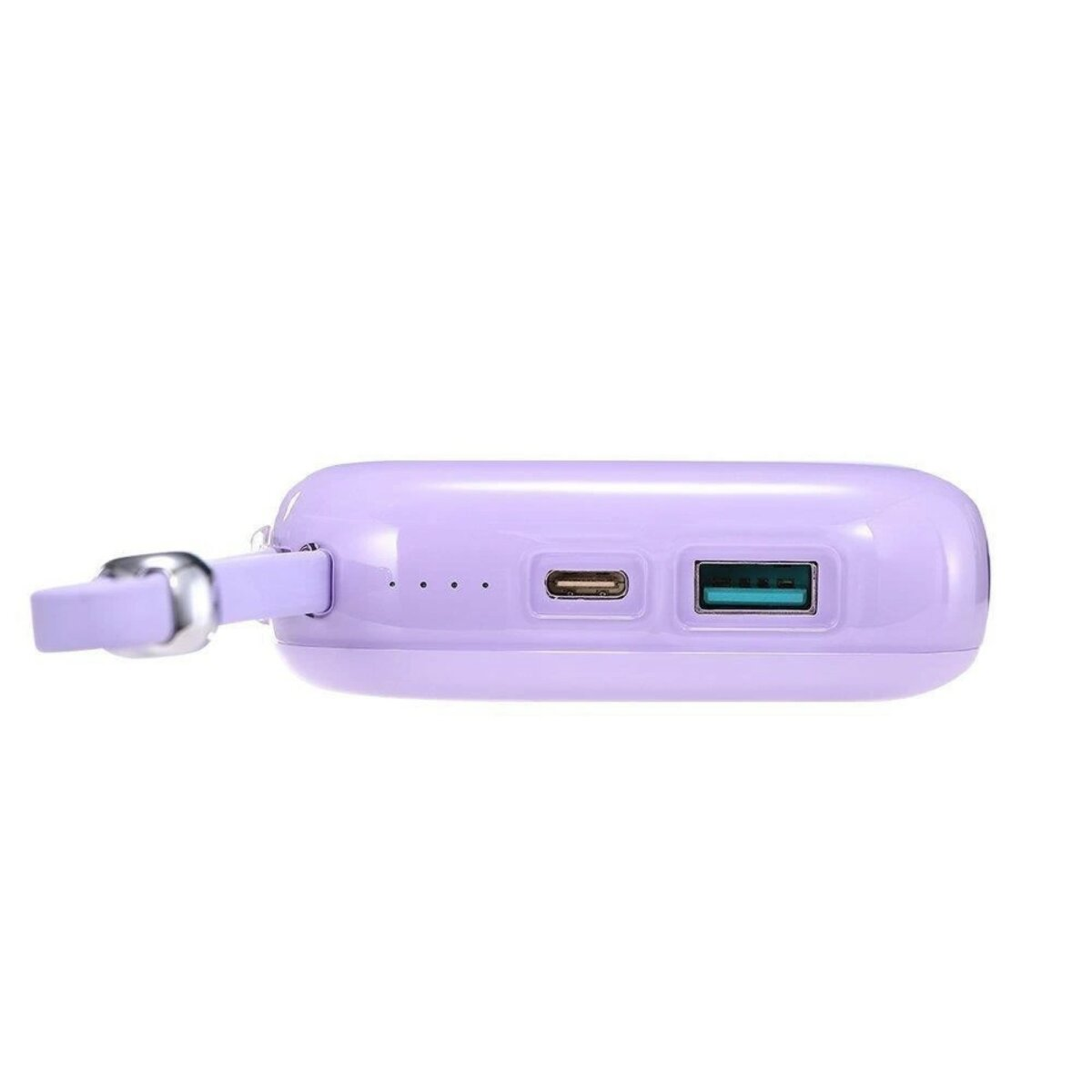 Lila Powerbank mit Anschlüssen, einschließlich USB-C und USB-A, und einem Riemen.