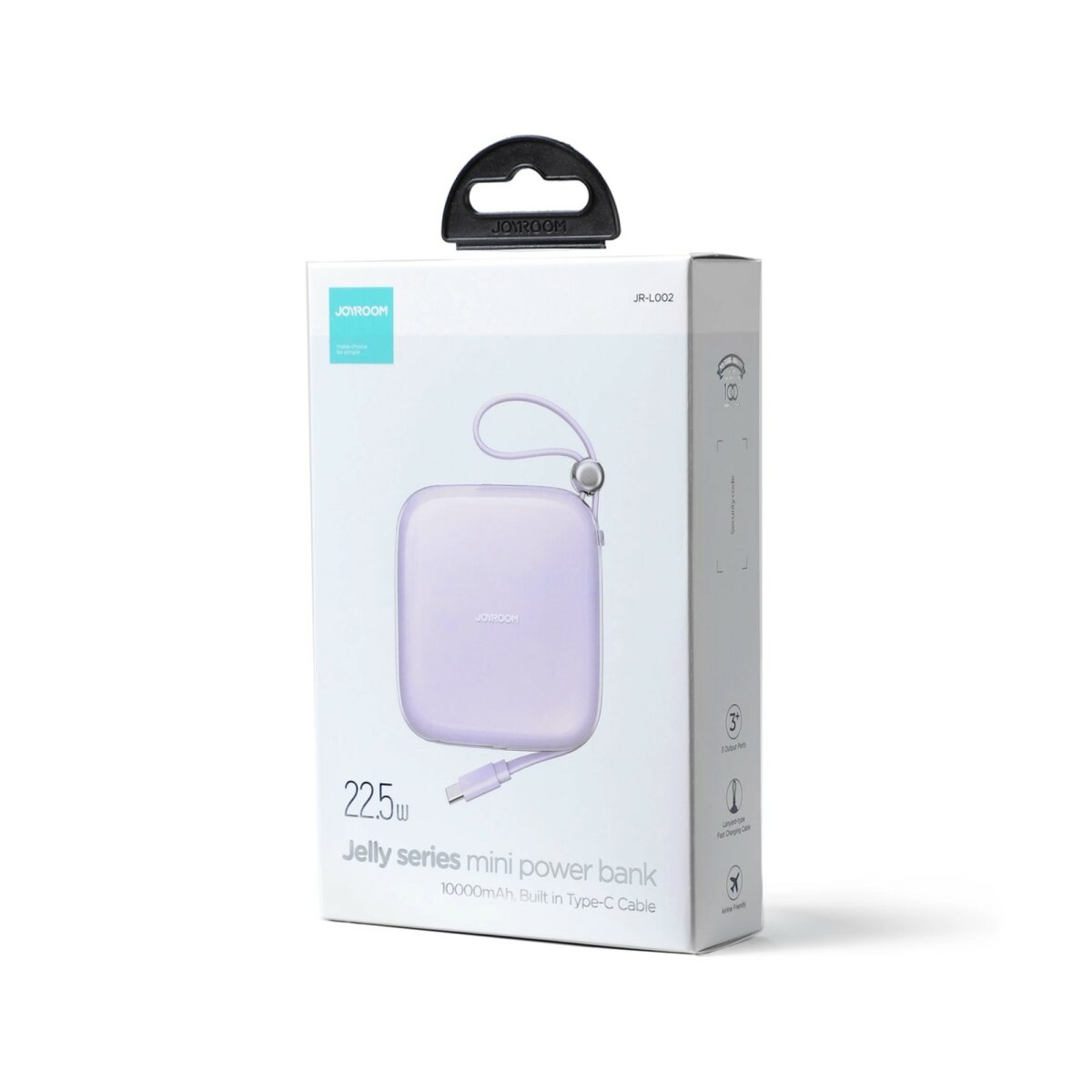 Eine lilafarbene Mini-Powerbank in einer weißen Box mit Griff. Die Box hat Text und ein Kabel.