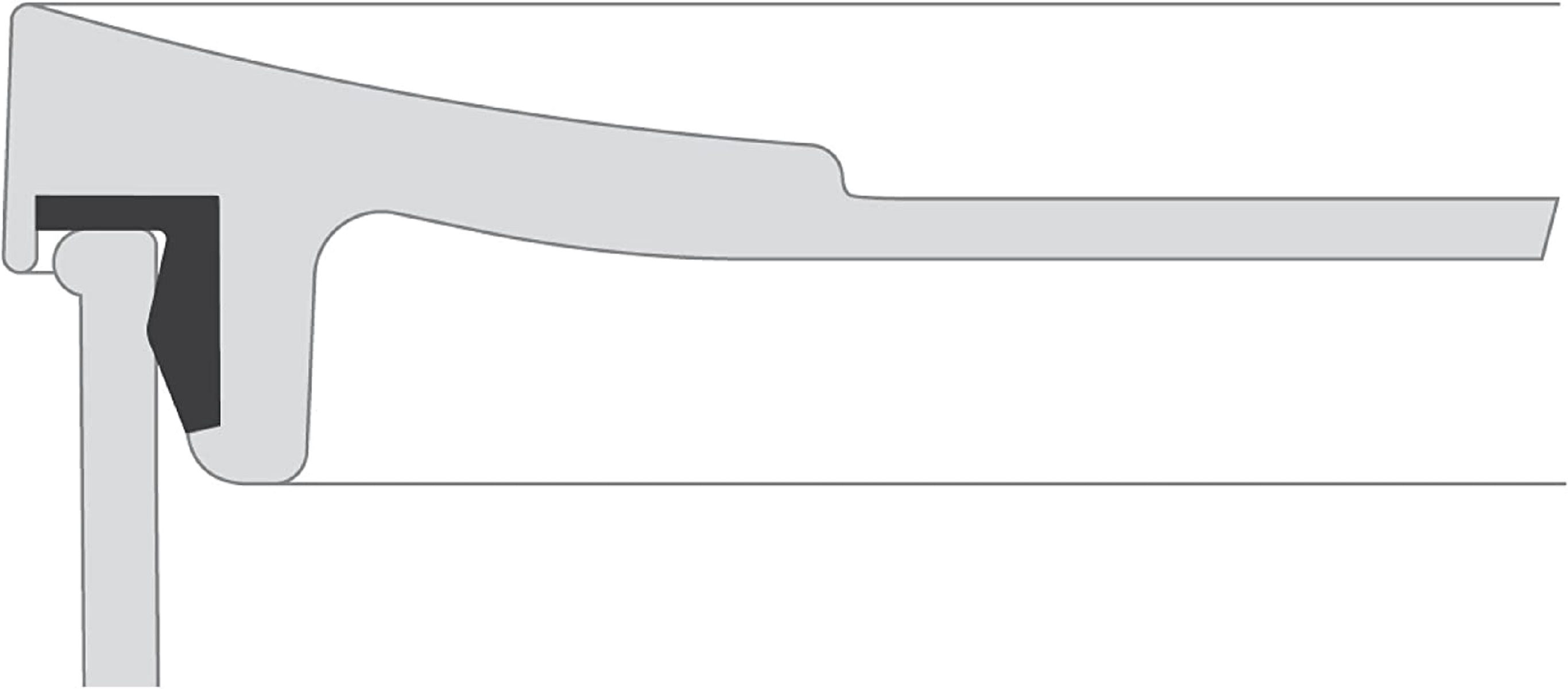 Ein Schnittdiagramm einer Struktur, das einen grauen oberen Abschnitt, eine schwarze Ecke und eine graue vertikale Stütze zeigt.
