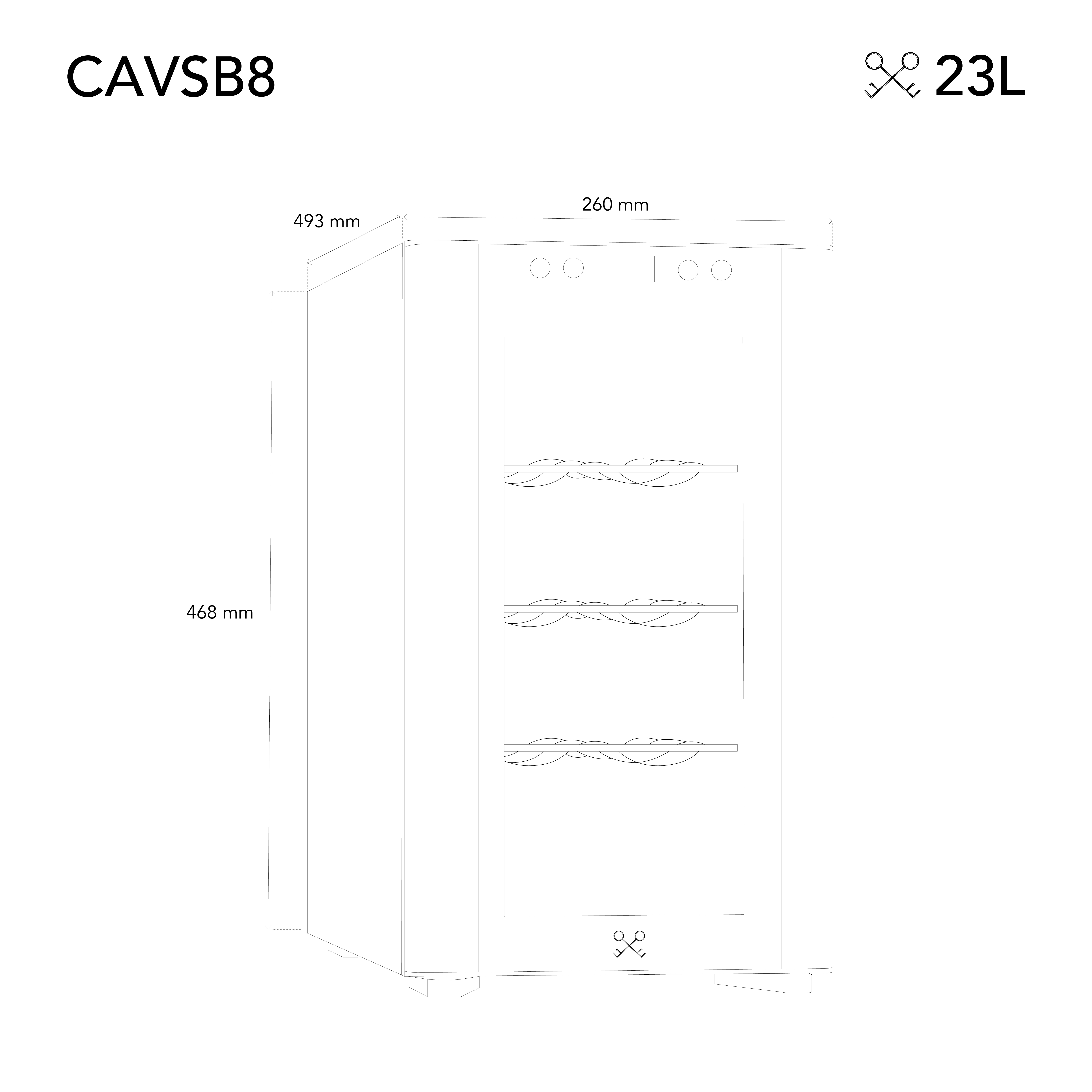 Un disegno al tratto di una cantinetta con dimensioni e testo: CAVSB8 23L.