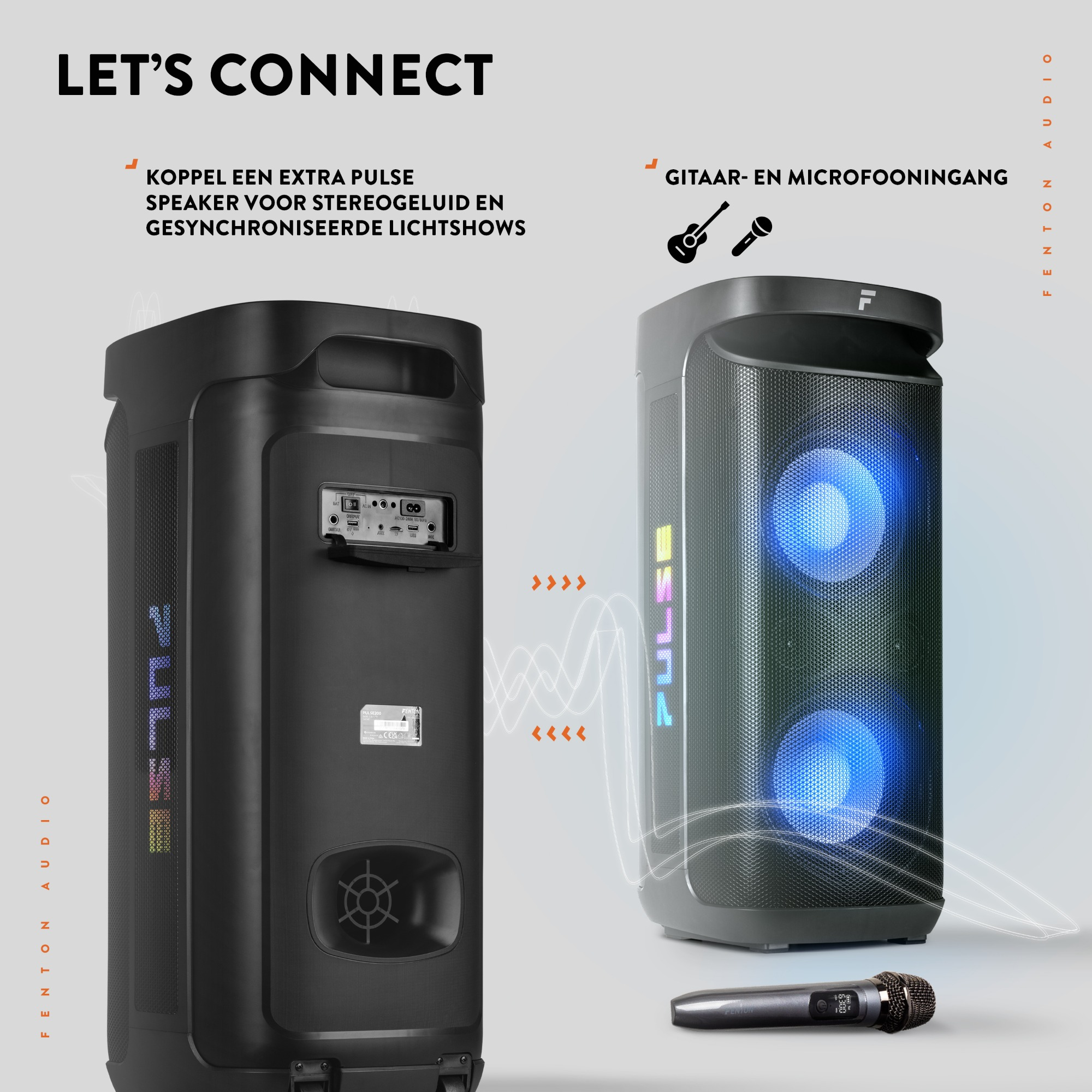 Dos altavoces de audio negros Fenton. Uno tiene un micrófono, el otro luces azules y controles.