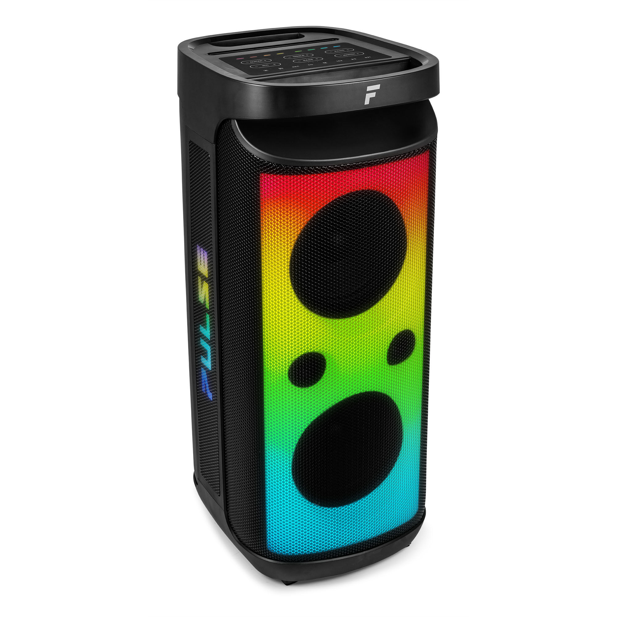 Altavoz negro y multicolor con parte superior negra, aislado sobre fondo blanco.