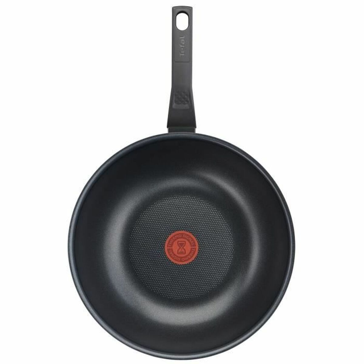 Eine schwarze Wok-Pfanne mit Griff und einem roten Kreis mit weißem Text in der Mitte.