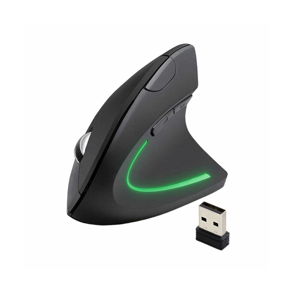 Schwarze ergonomische Maus mit grünem LED-Akzent und USB-Empfänger.