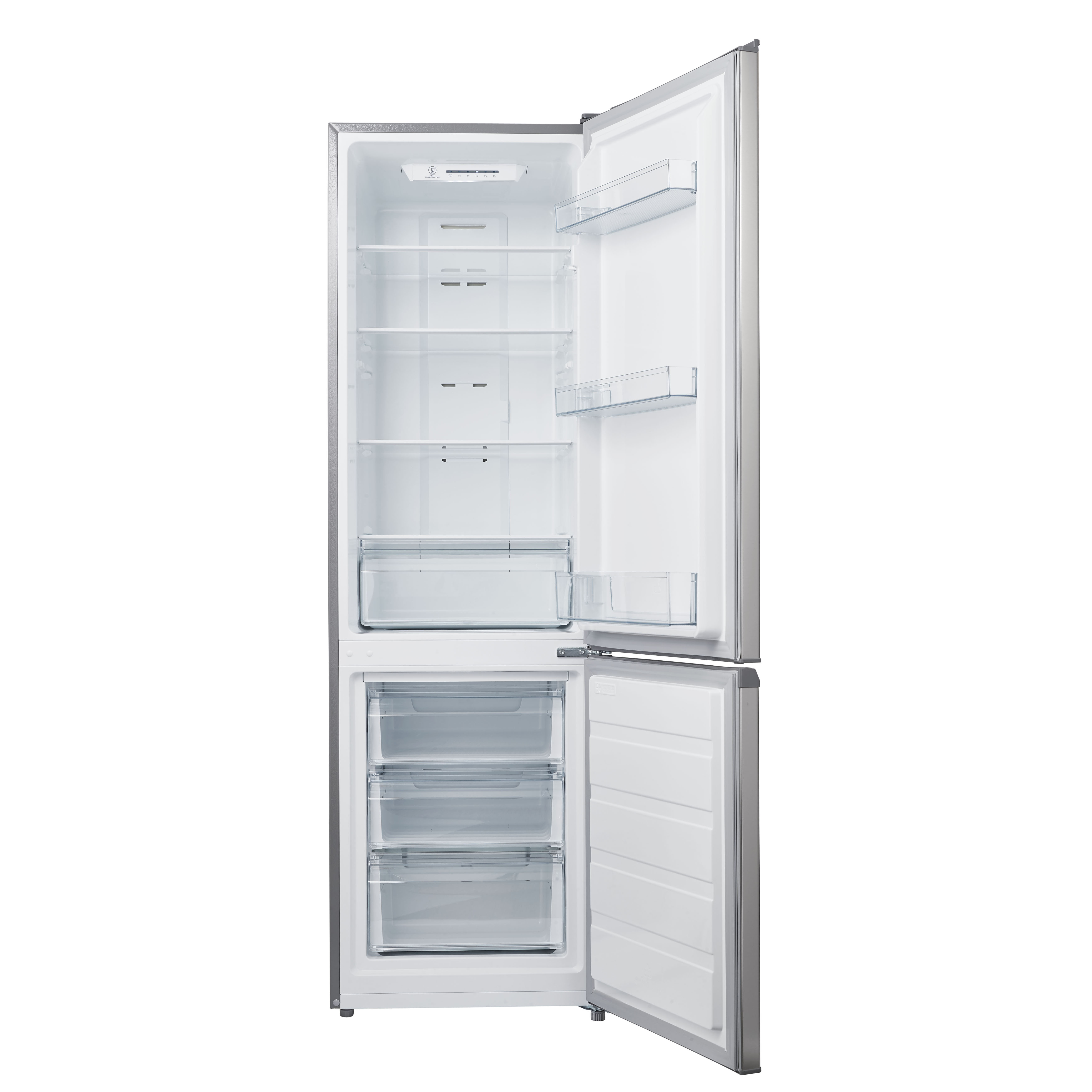 Opened refrigerator with shelves and drawers filled with food and drinks.