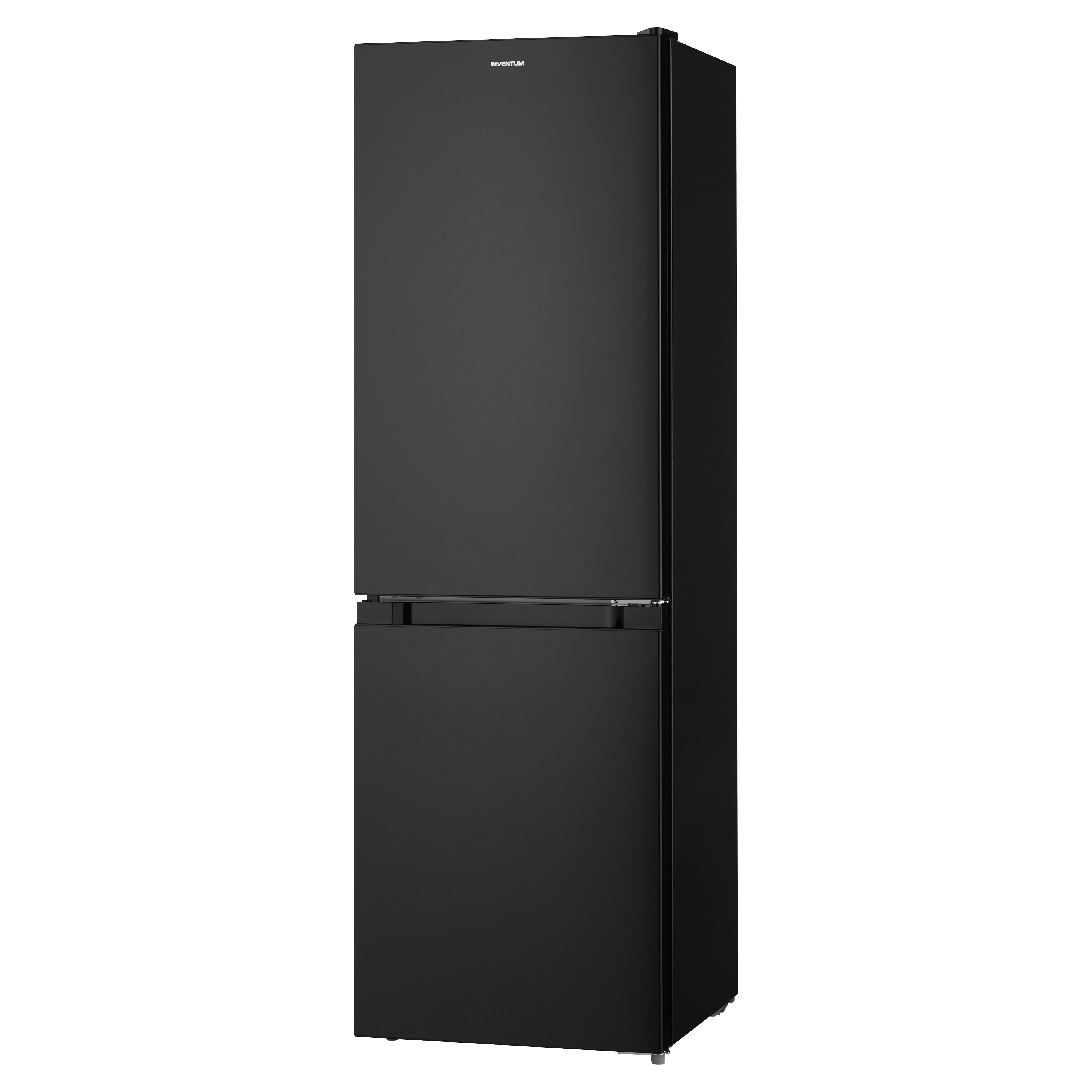 A black refrigerator stands against a white background.