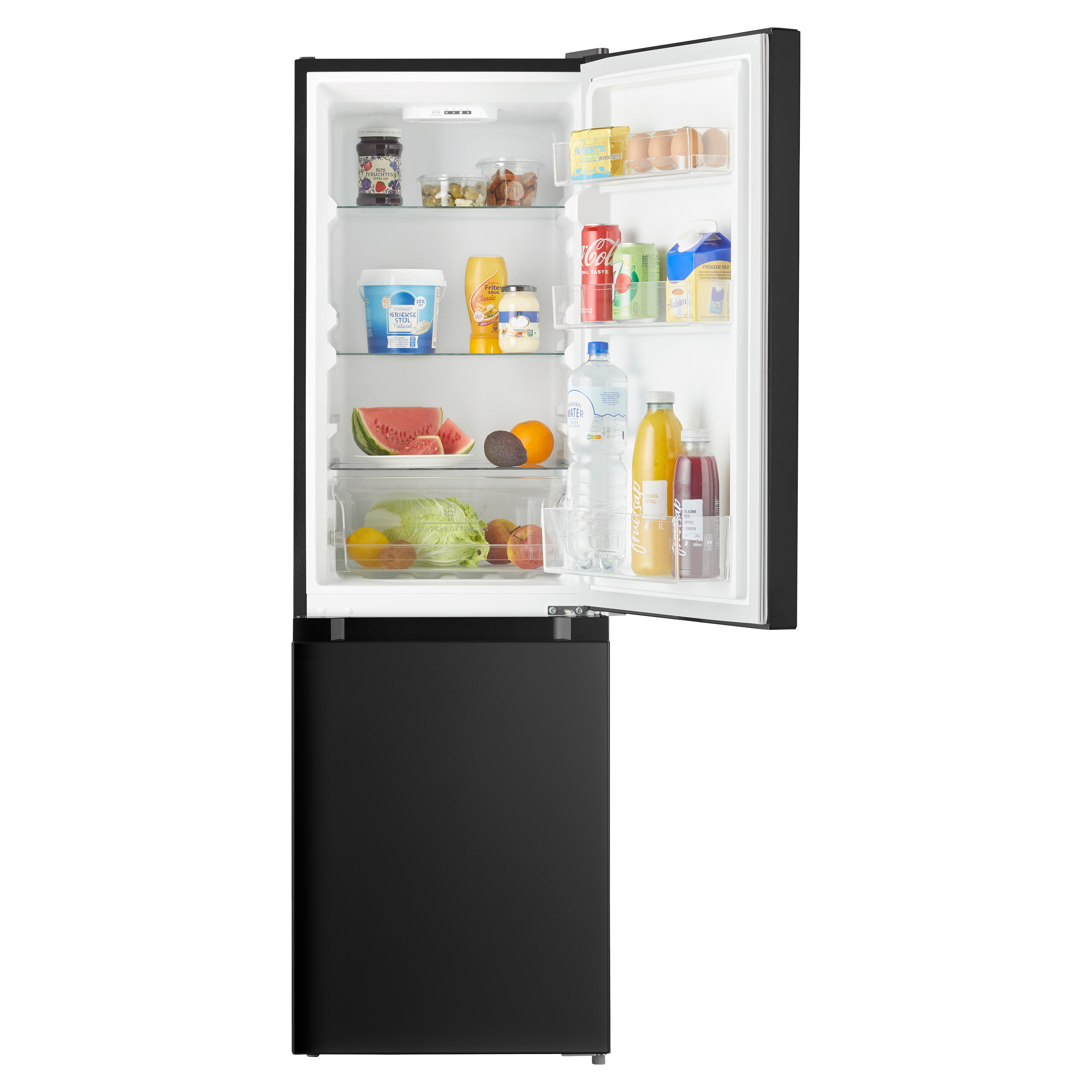 Open black refrigerator filled with groceries, including fruits, drinks, dairy products, and condiments.