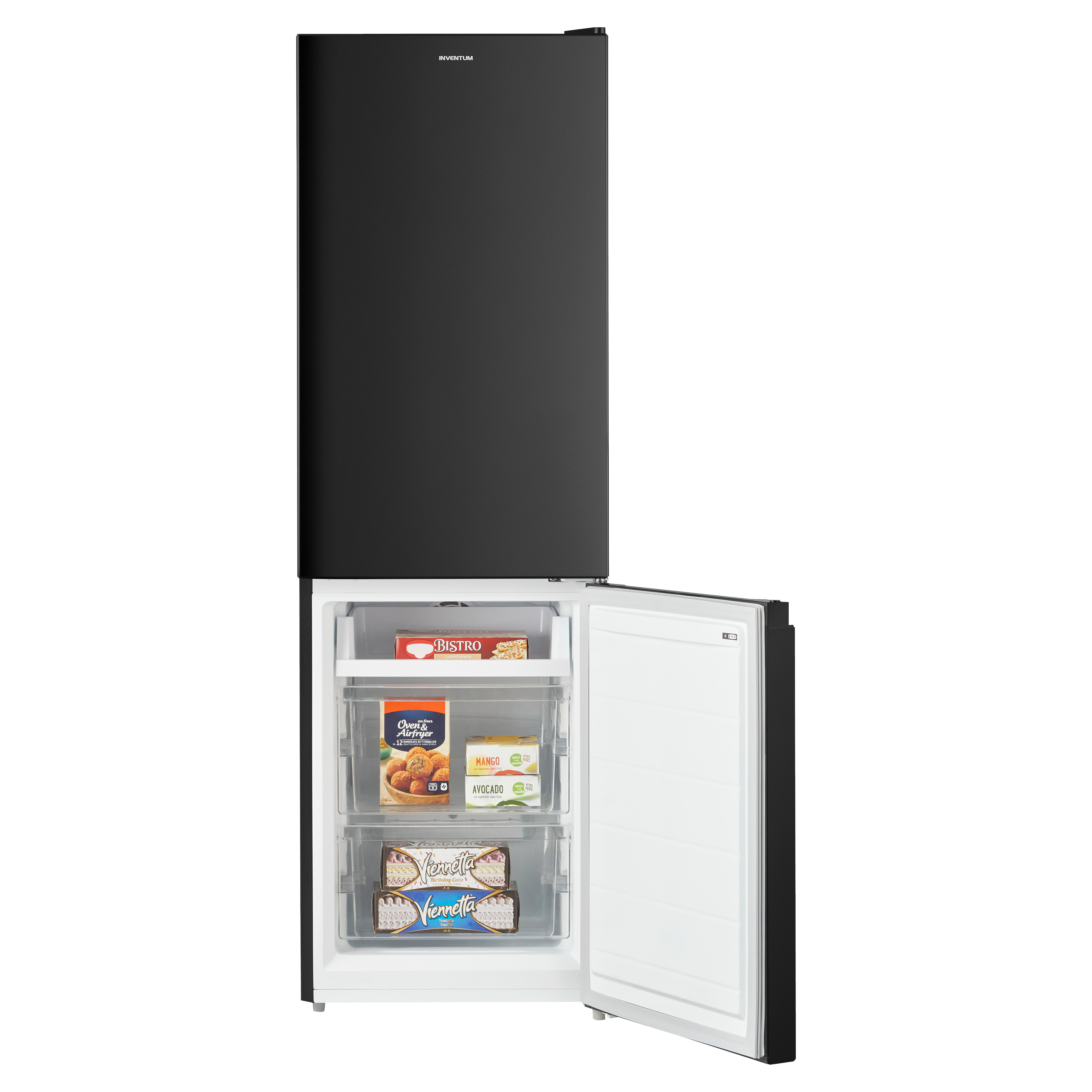 Black refrigerator with freezer drawer open, showing frozen food. White background.