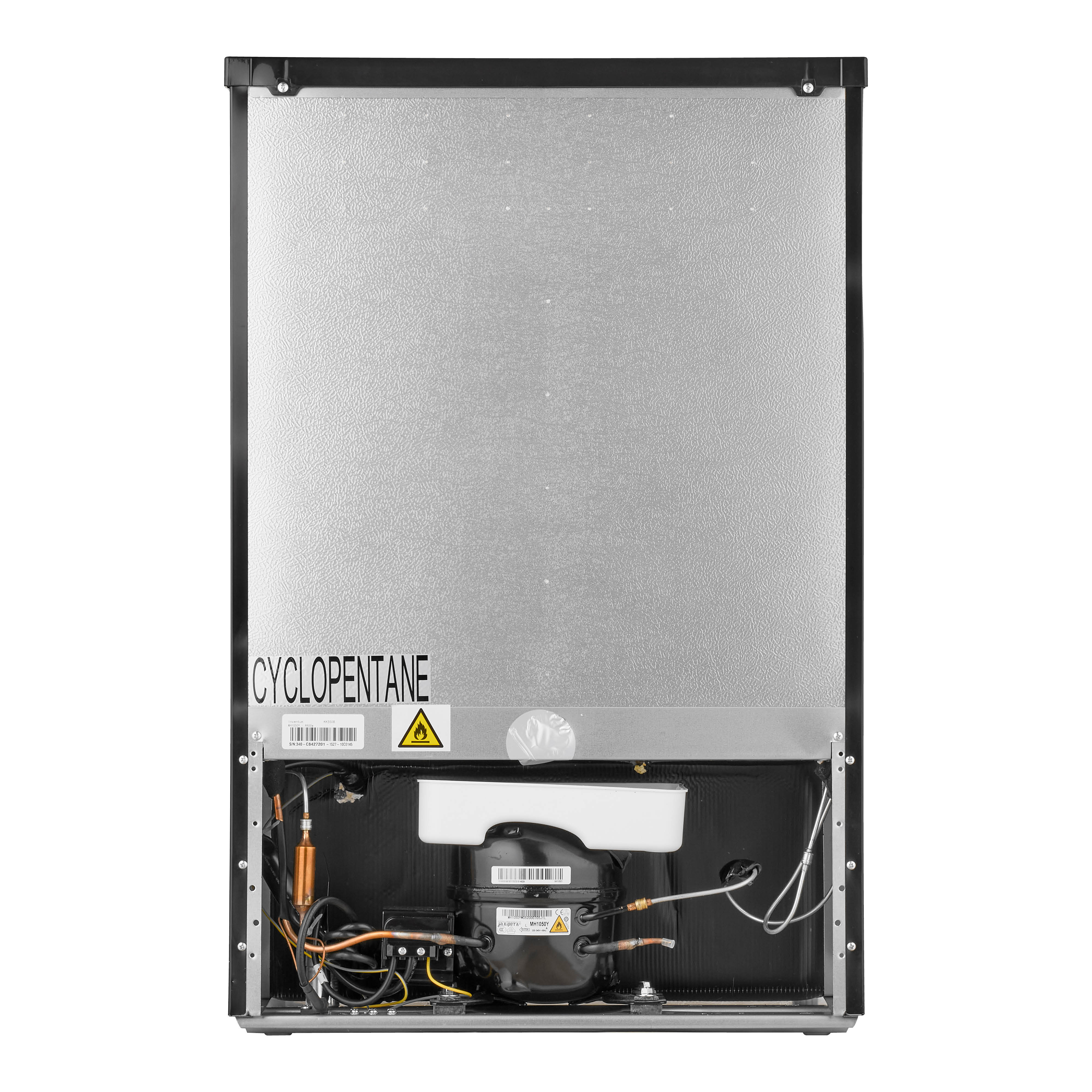 Back of a black refrigerator. It has a compressor, warning labels, and other components. White background.