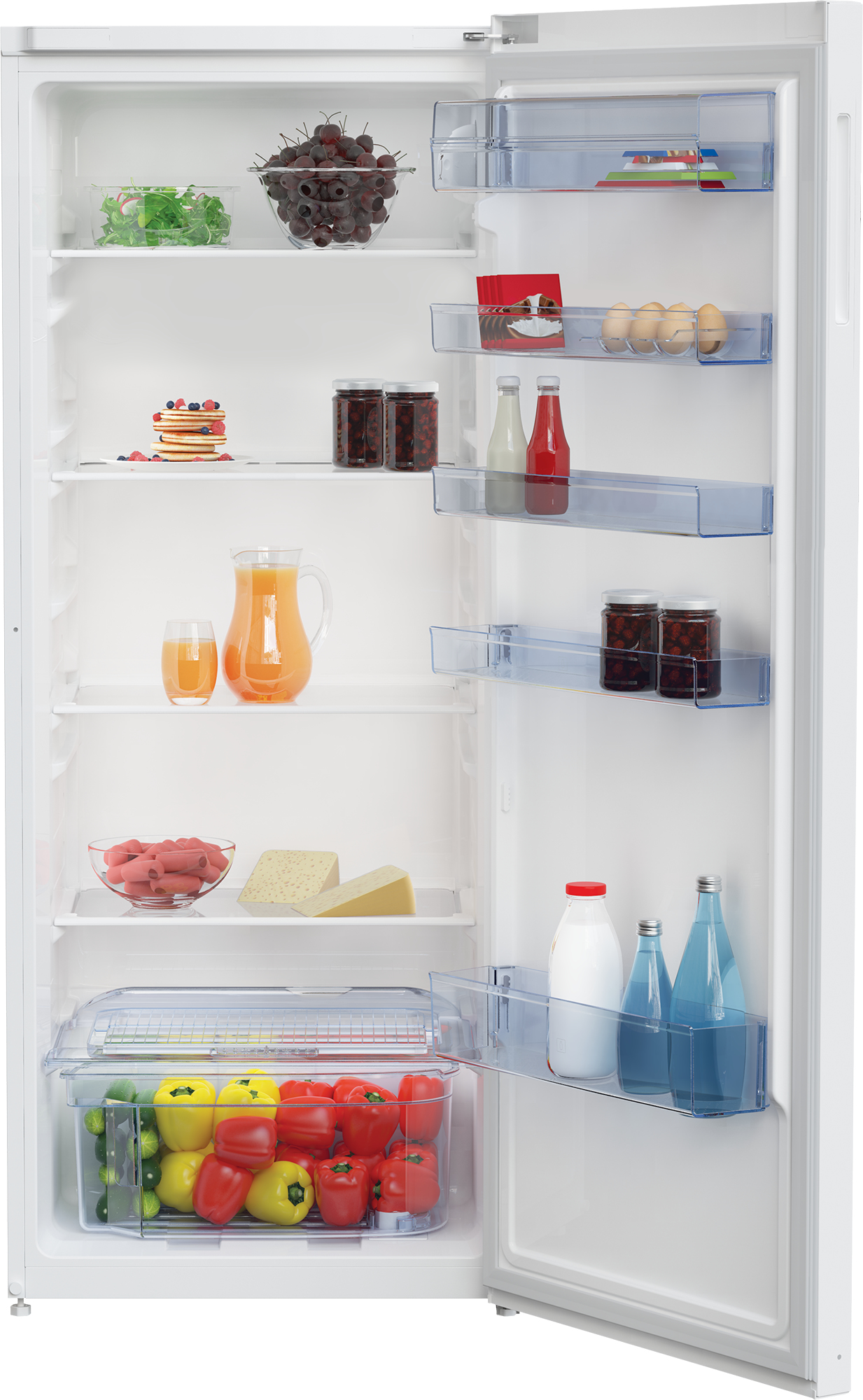 Refrigerator with open door. Inside are shelves with food: fruit, veggies, drinks, and dairy.