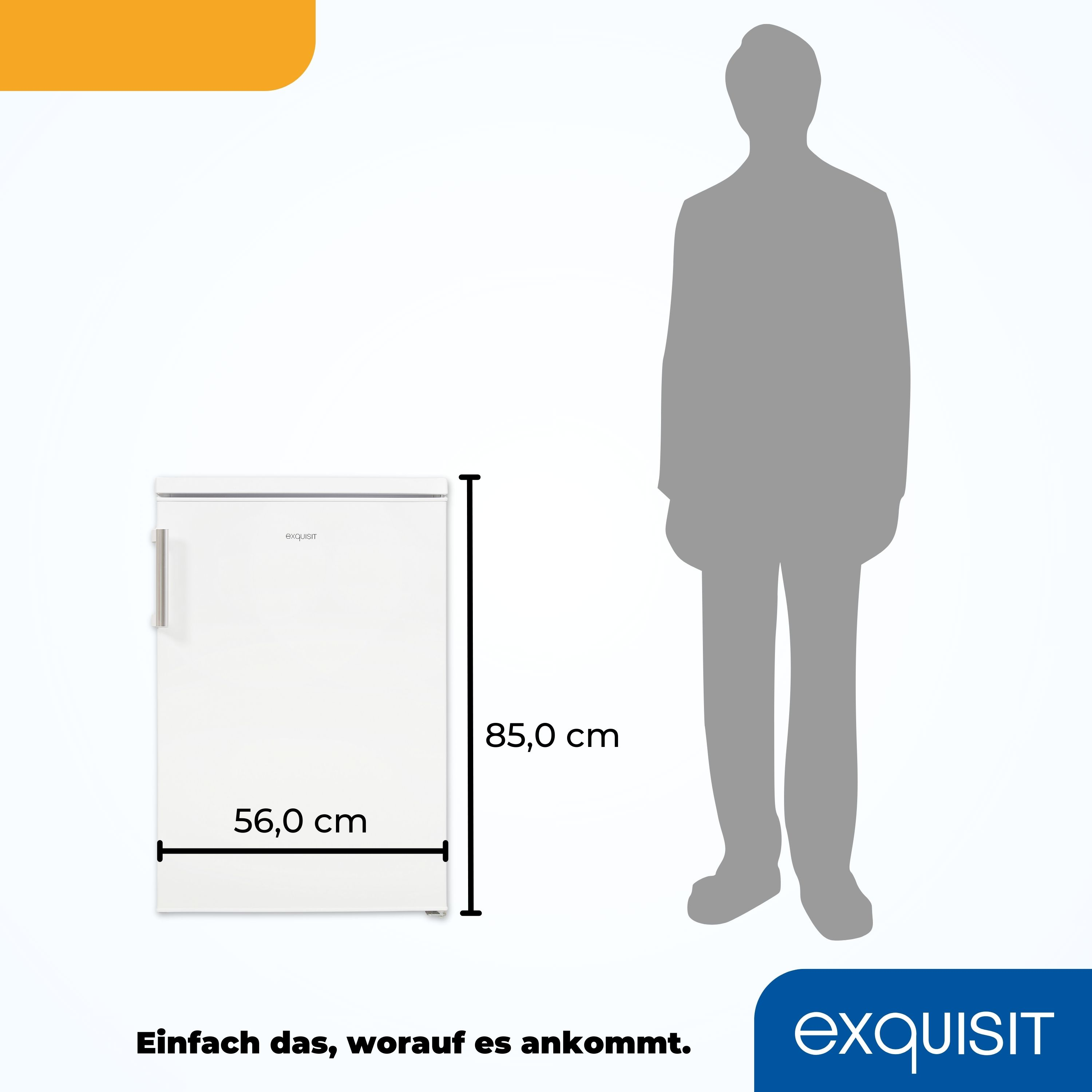 A white refrigerator with measurements and a man.