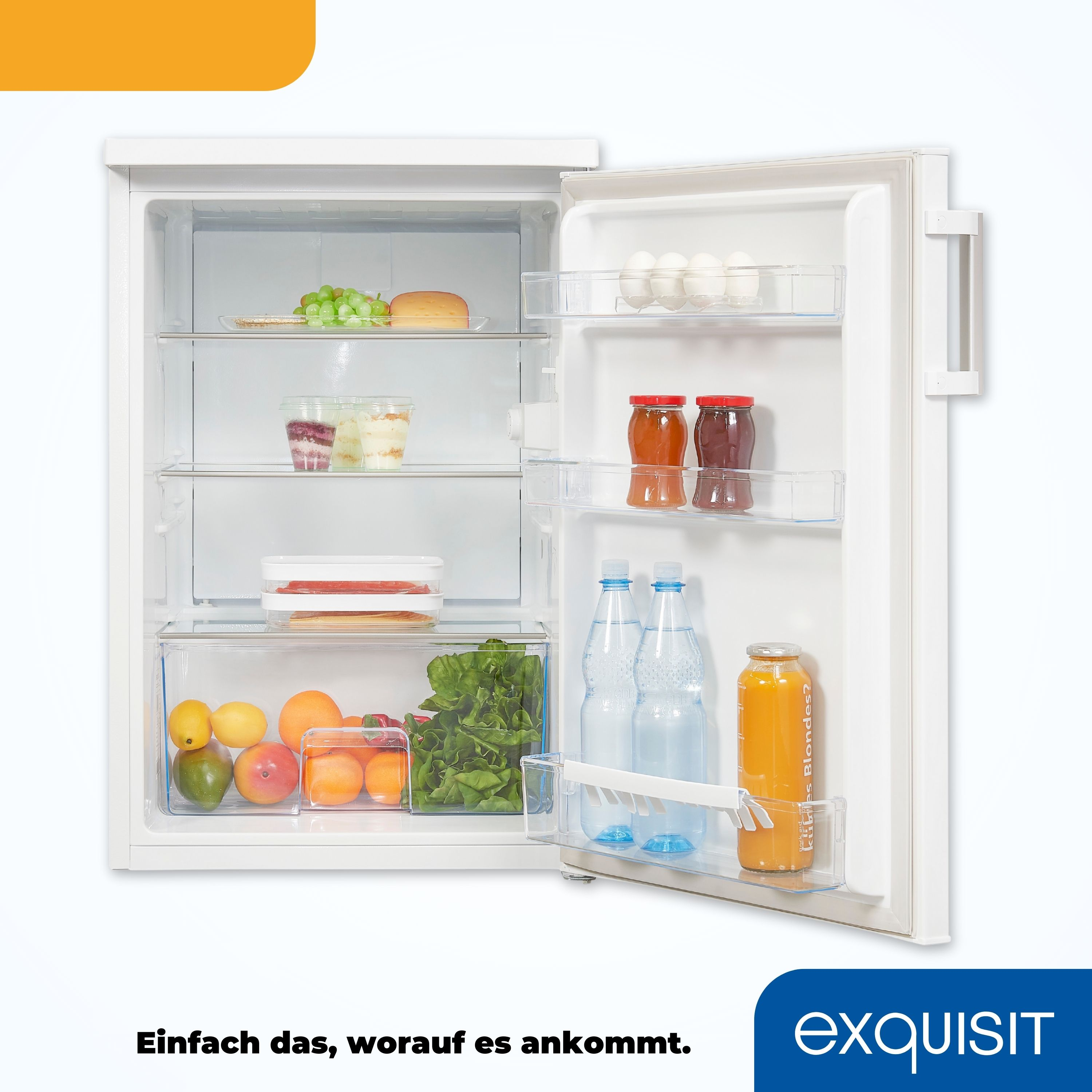 Open white refrigerator filled with food items. Includes fruits, drinks and eggs.