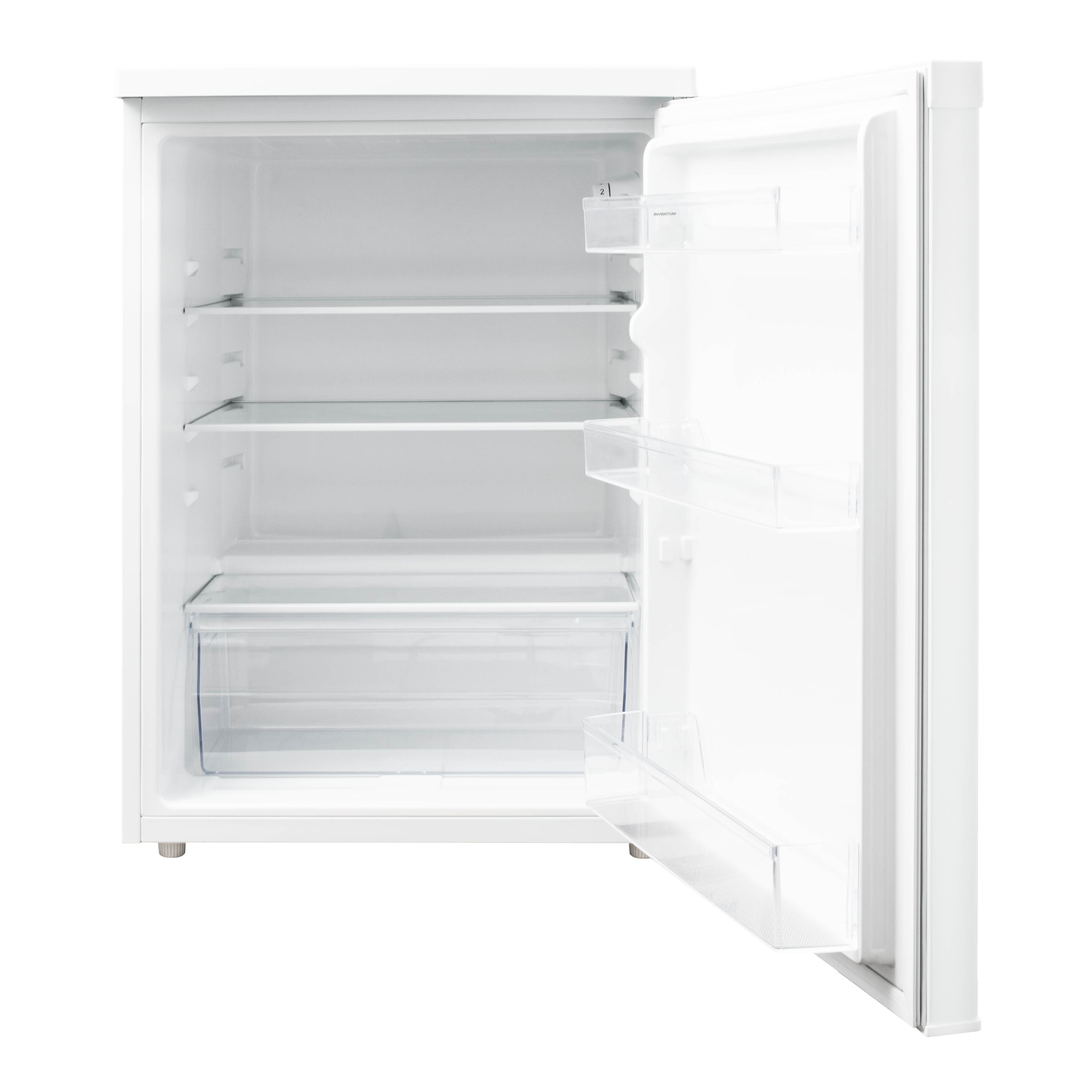 Een witte koelkast met de deur open, met planken en een lade.