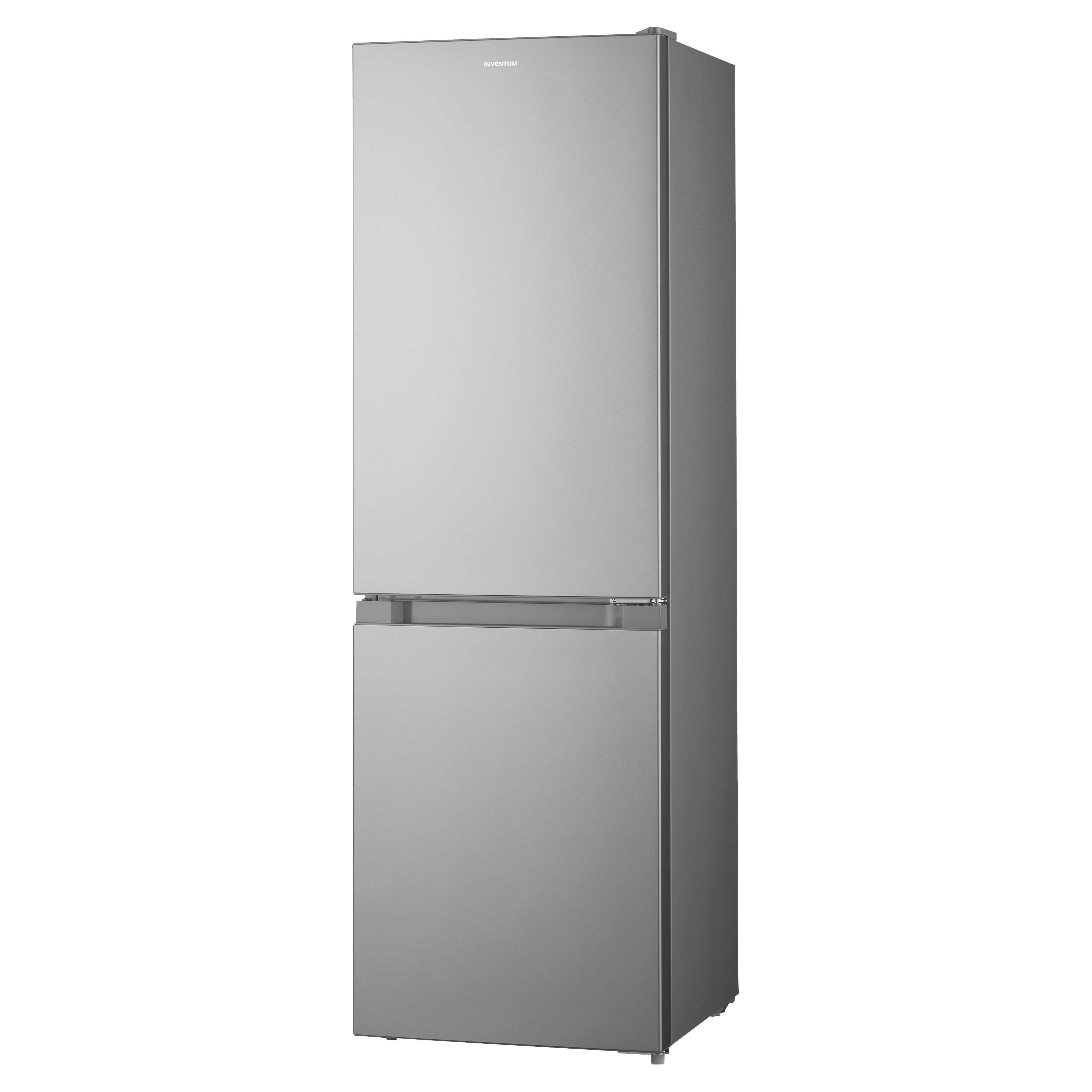 A silver refrigerator with two doors. The brand name is at the top.