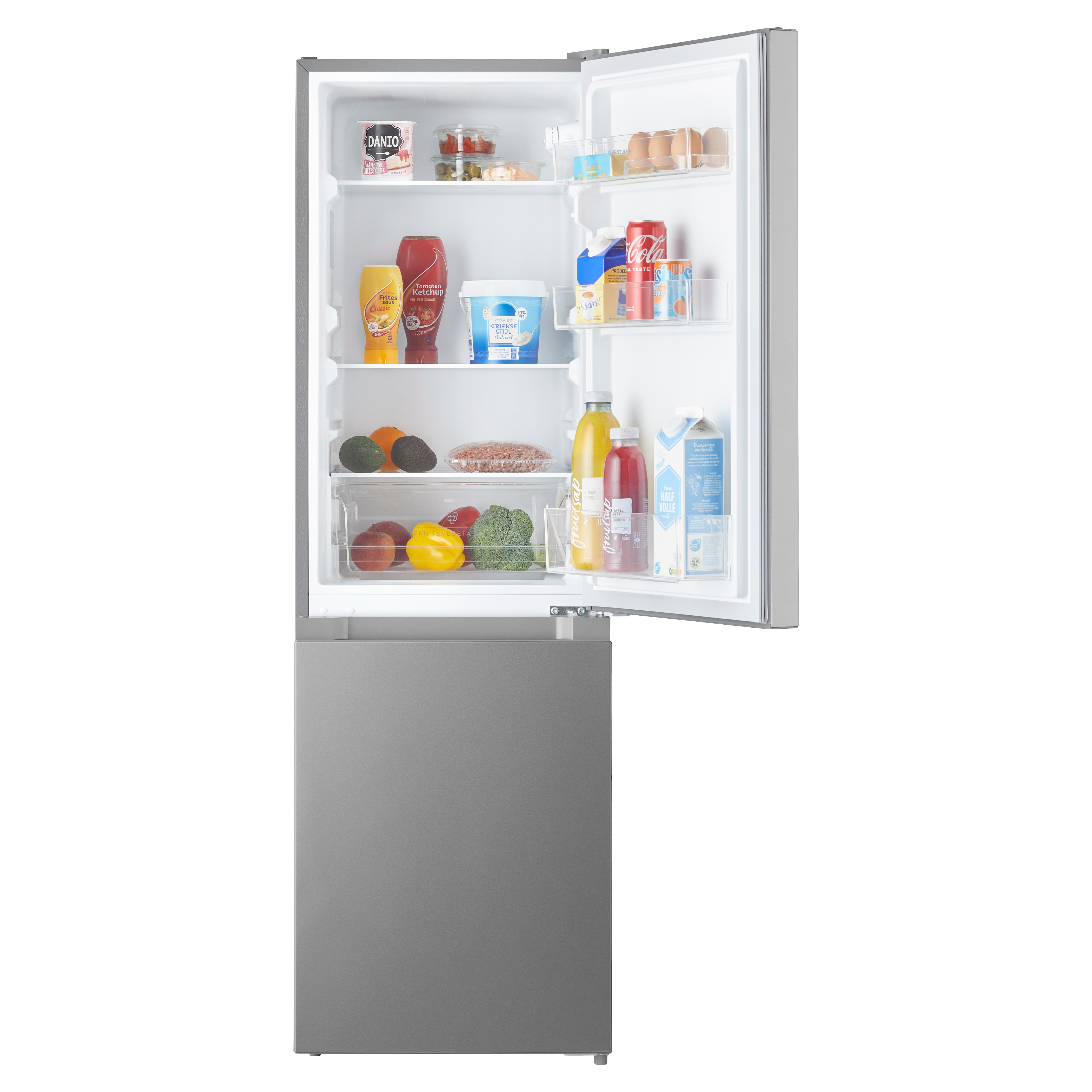 Fridge with open door, revealing food items like eggs, drinks, and condiments.