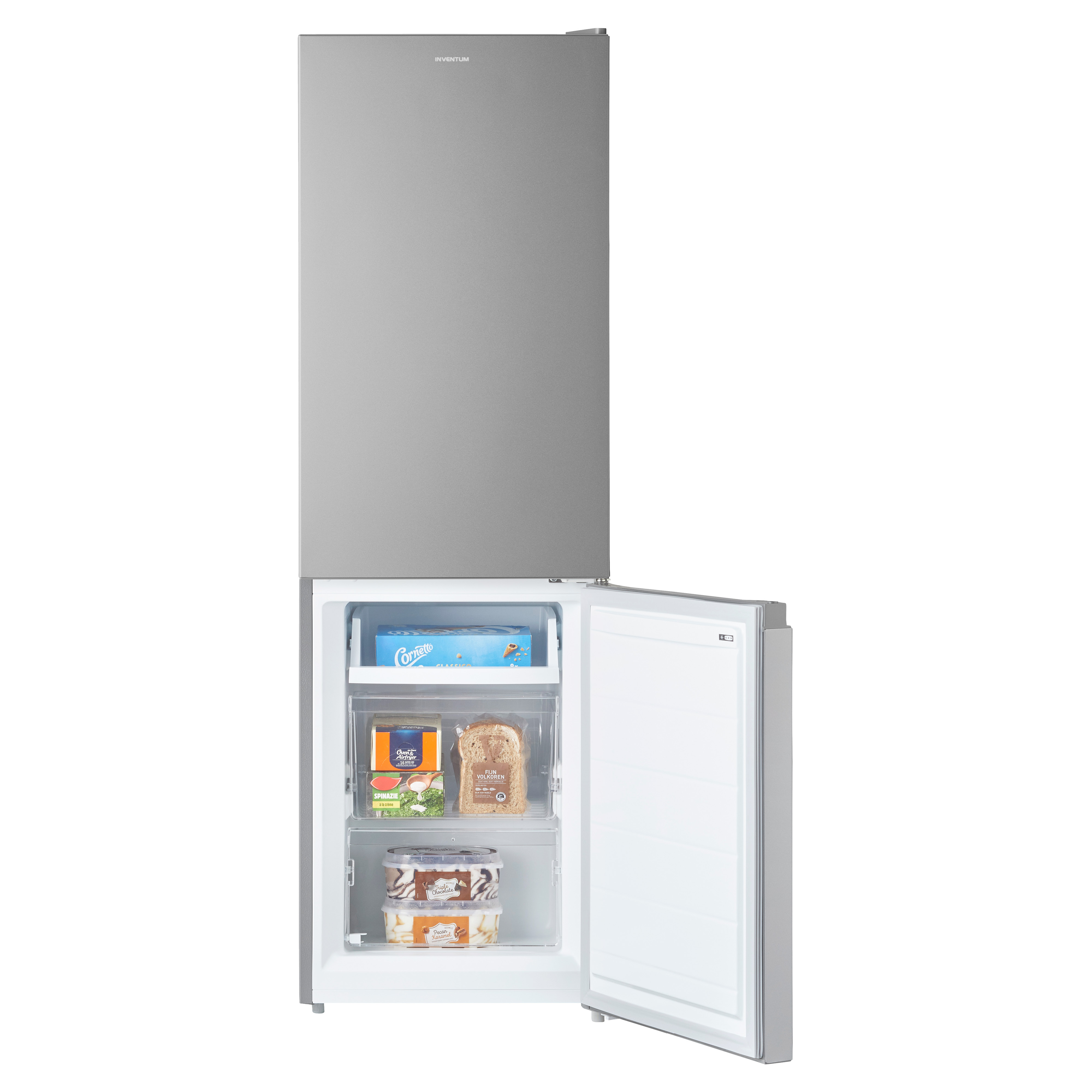 A gray refrigerator with an open freezer compartment, revealing frozen food items.