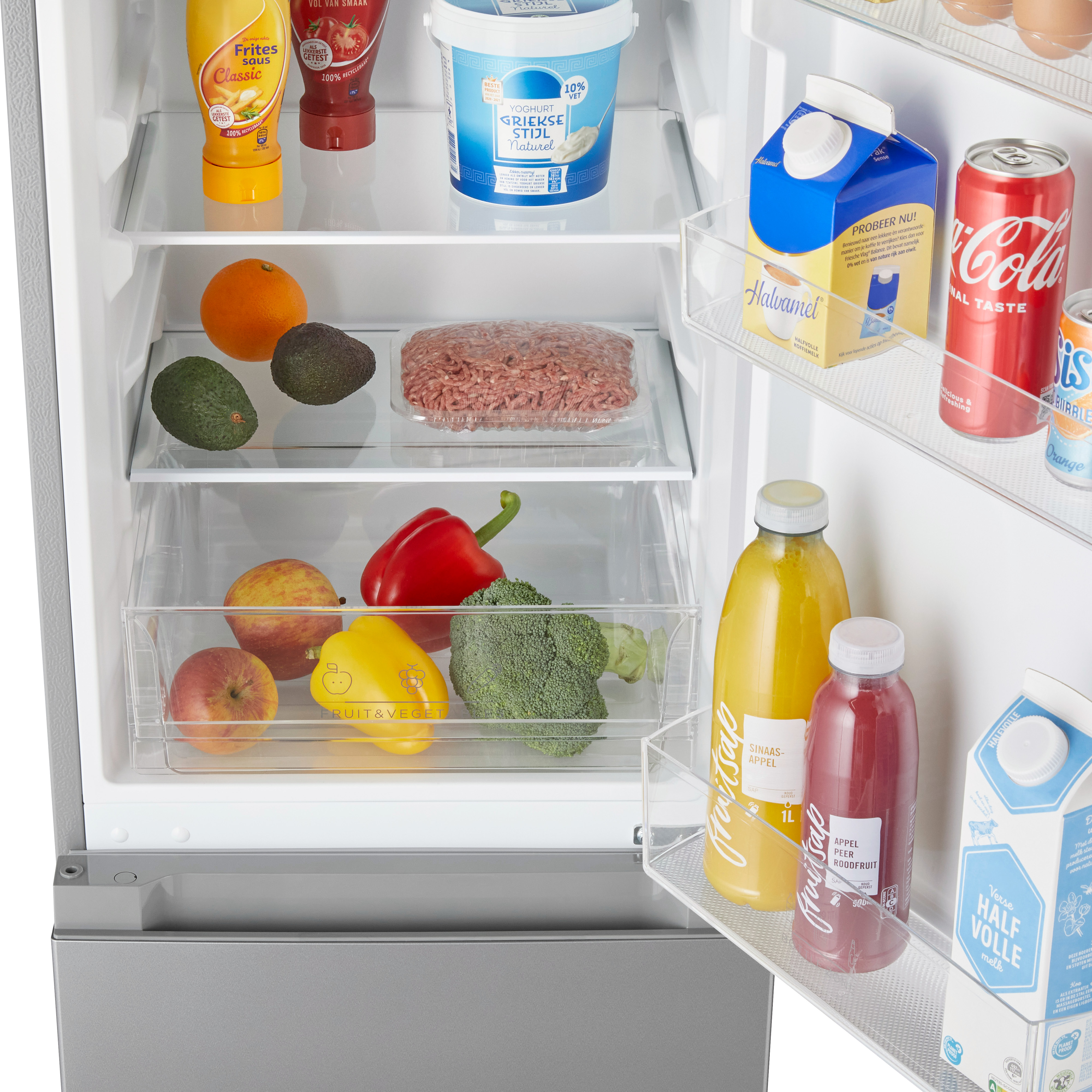 Refrigerator interior filled with food and drinks, fruits, vegetables, and sauces.