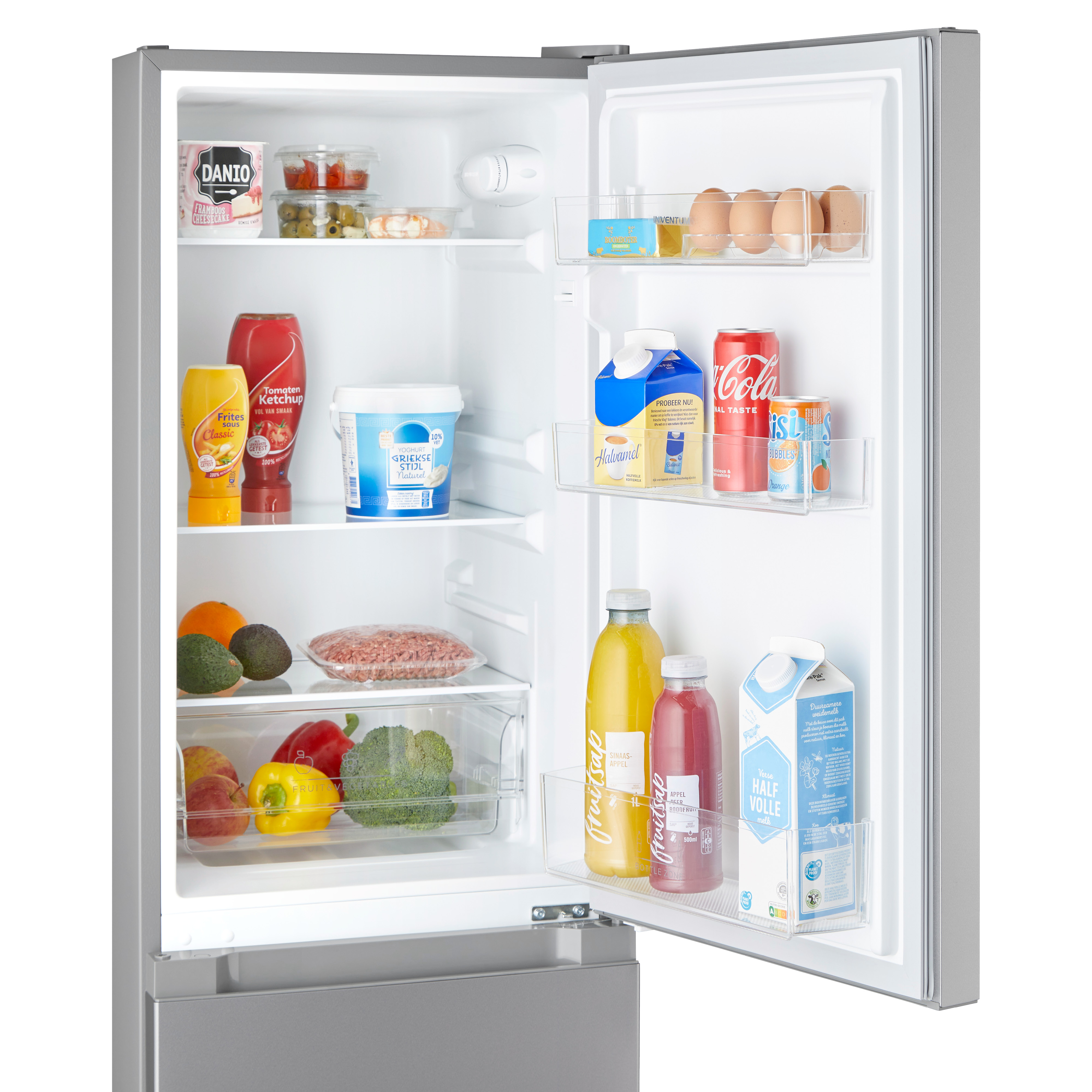 A refrigerator with the door open, filled with various foods and drinks, including juice, and eggs.