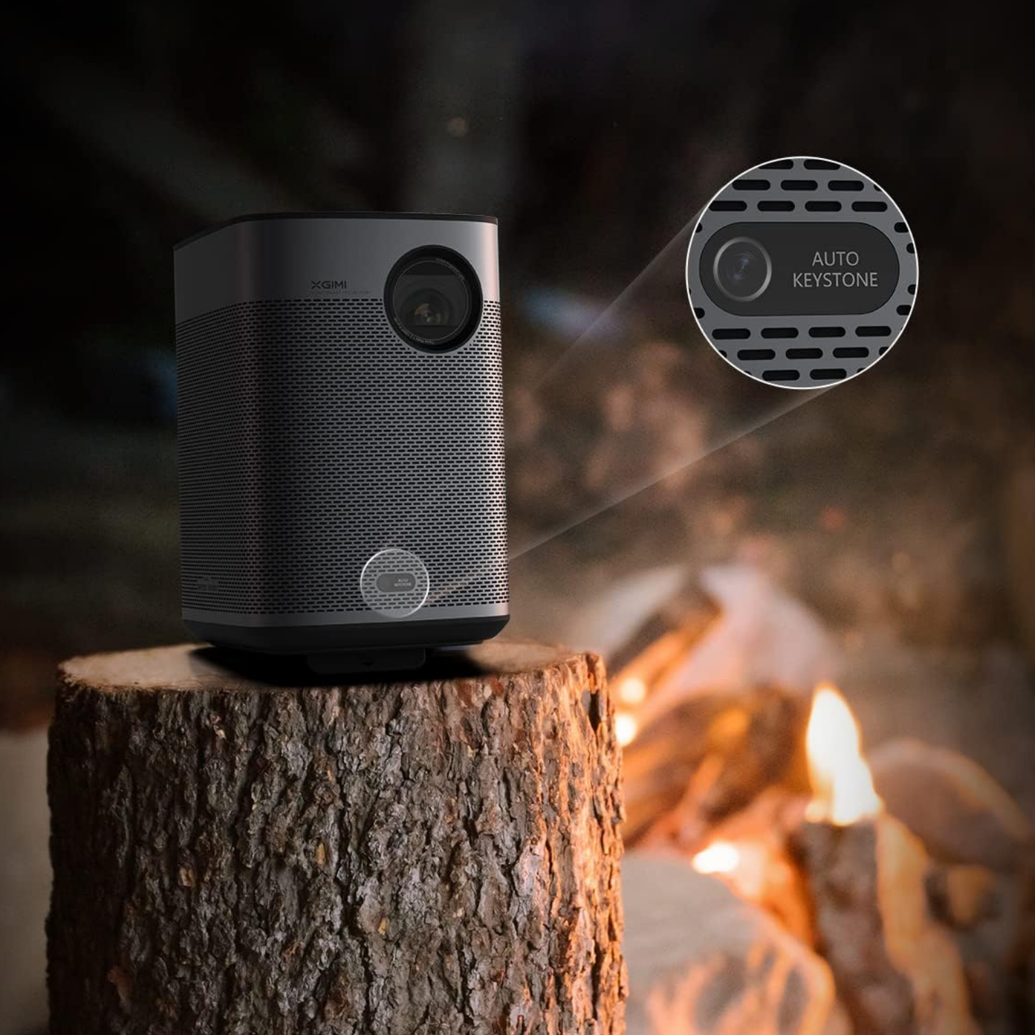 Black XGIMI projector on a tree stump, with a close-up of the auto keystone feature.