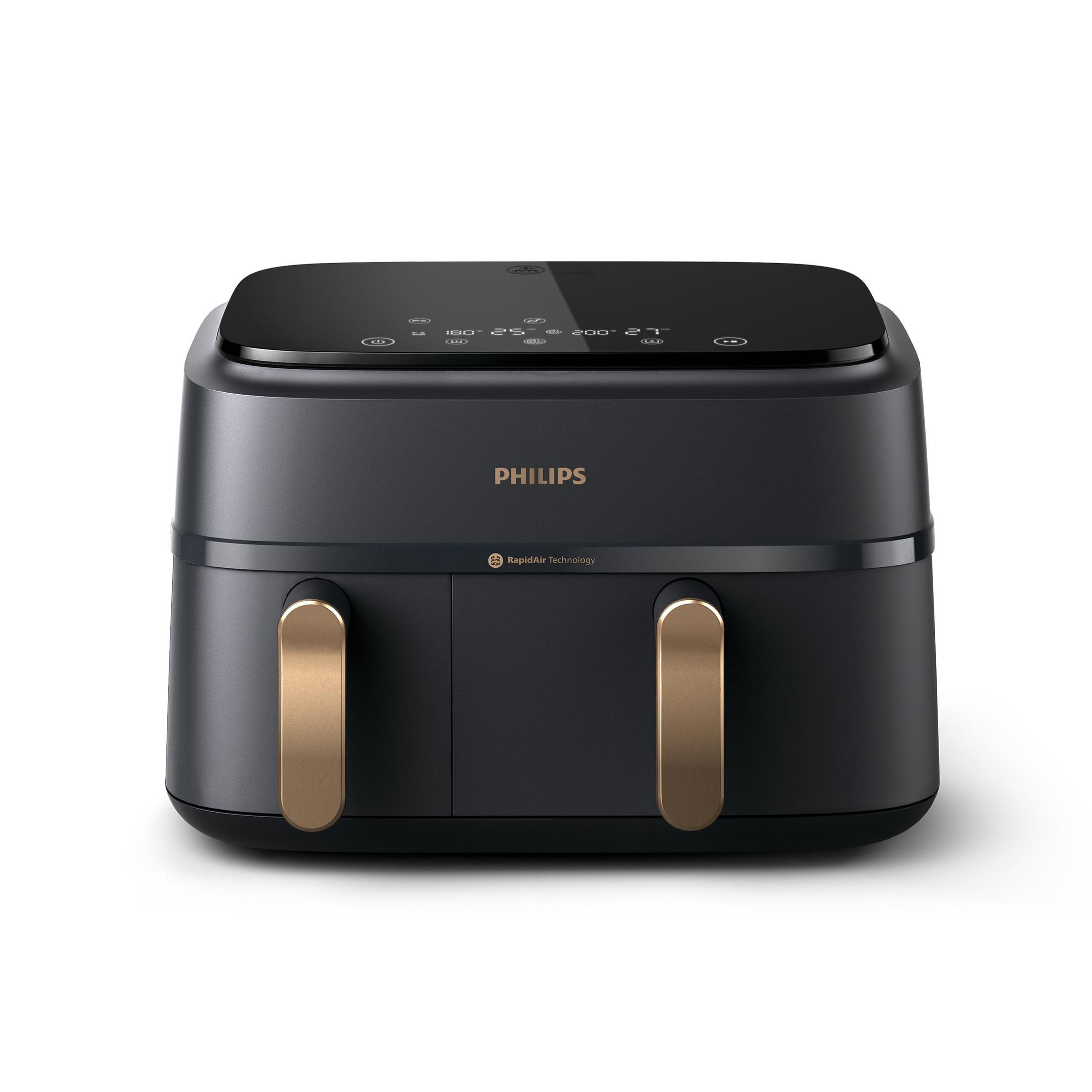 Une friteuse à air Philips noire et dorée sur fond blanc. Elle a deux compartiments.