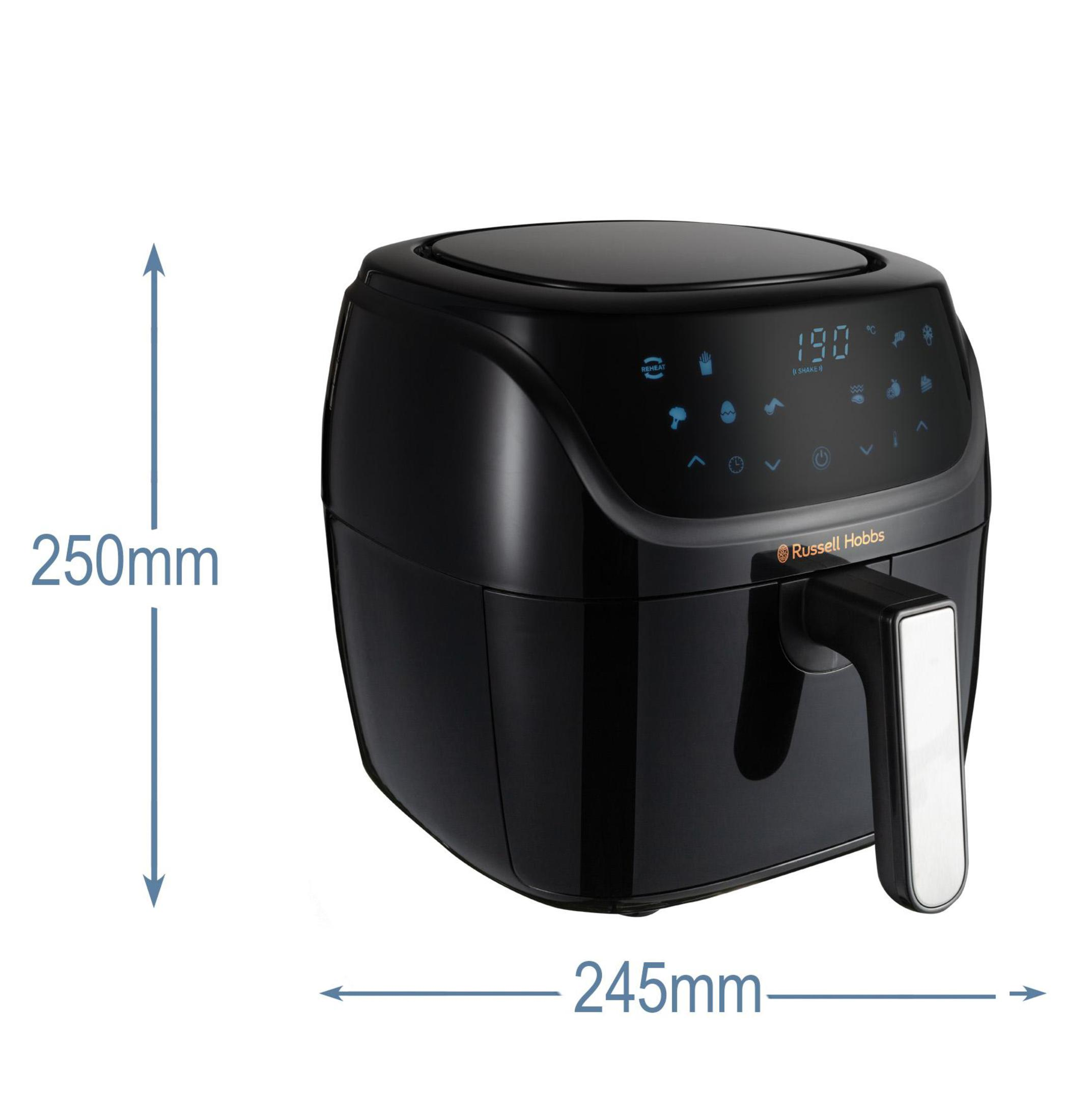 Friggitrice ad aria nera con dimensioni: 250 mm altezza, 245 mm larghezza.