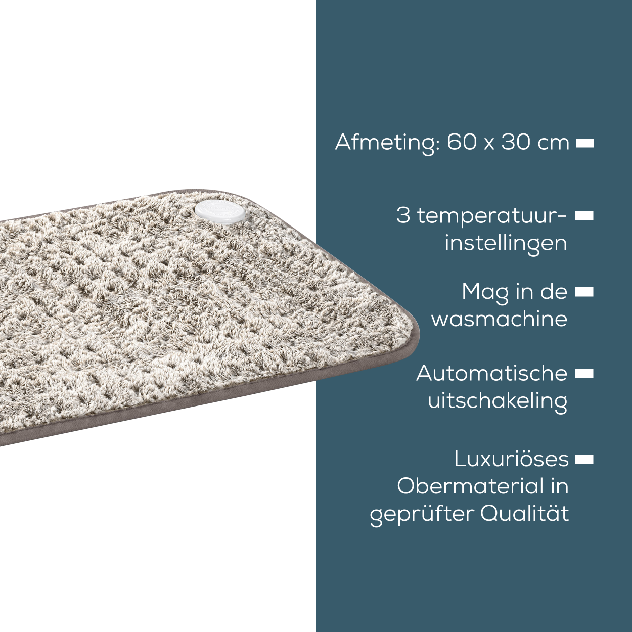 Een grijs-wit kleedachtig object met tekst die afmetingen, temperatuurinstellingen en machinewasbaarheid aangeeft.