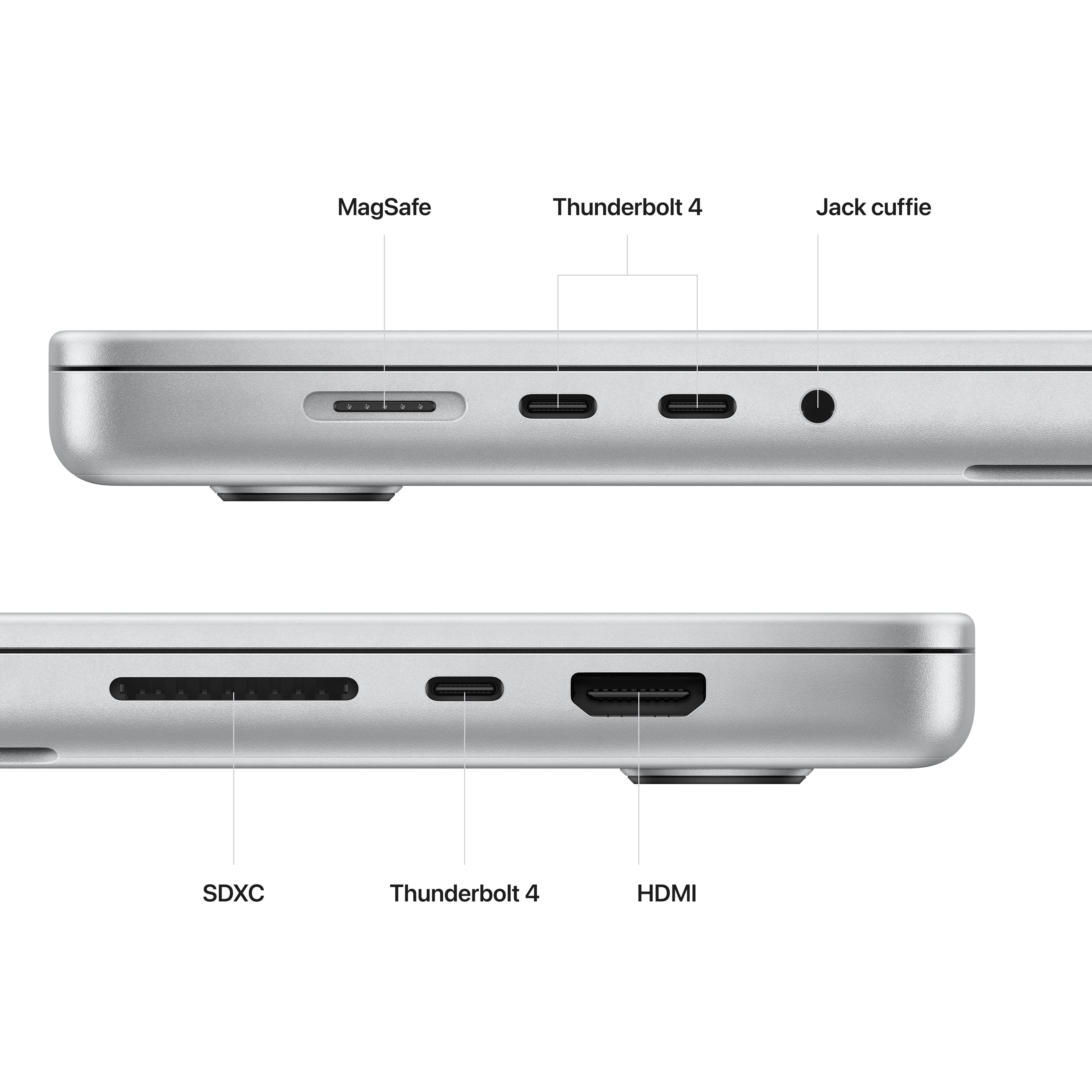 Primo piano del lato di un laptop, che mostra porte come SDXC, Thunderbolt 4, HDMI e jack per cuffie.