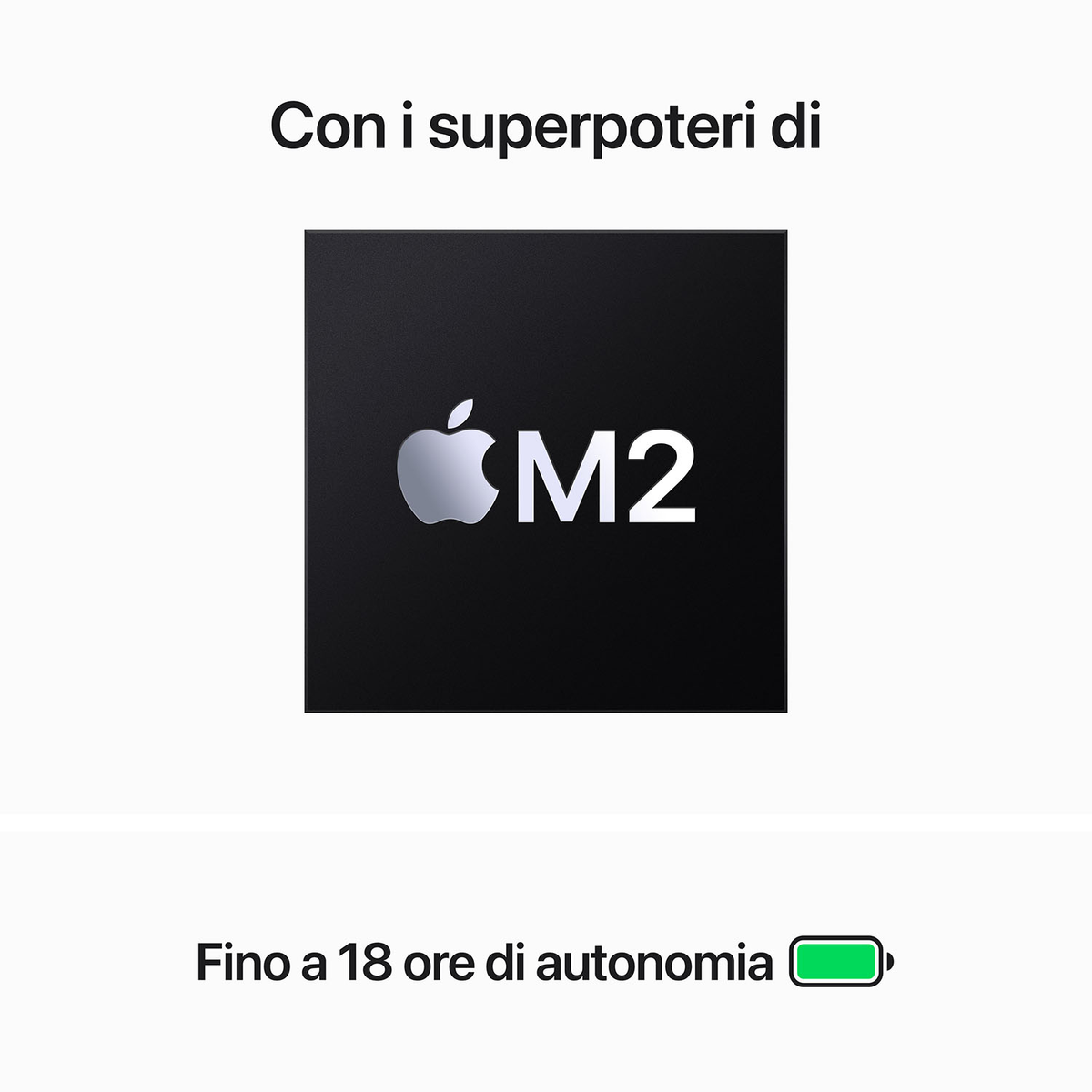 Logo Apple e testo M2 su un quadrato nero con testo italiano sopra e sotto.