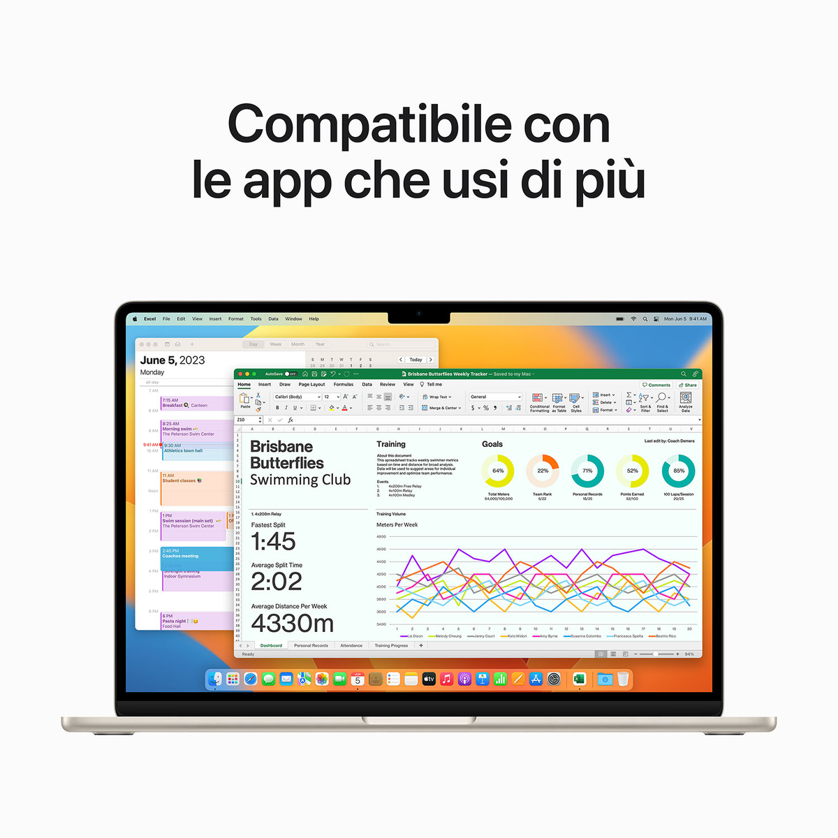 Schermo del laptop che mostra un foglio di calcolo con dati e un calendario.
