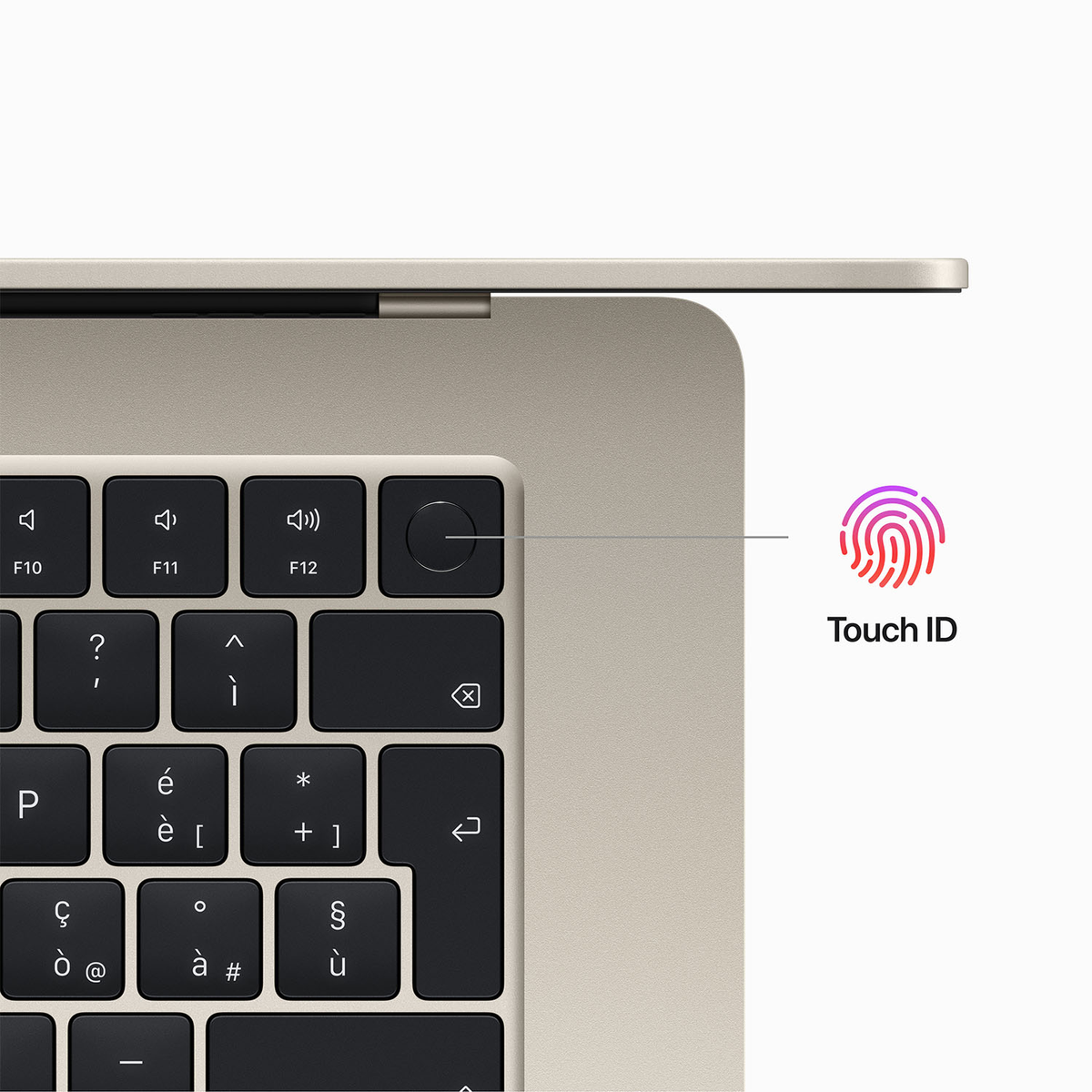 Primo piano della tastiera del laptop, con il sensore di impronte digitali Touch ID evidenziato.