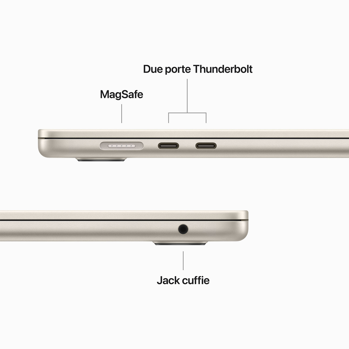Primo piano del lato di un laptop che mostra le porte: MagSafe, Thunderbolt e un jack per cuffie.
