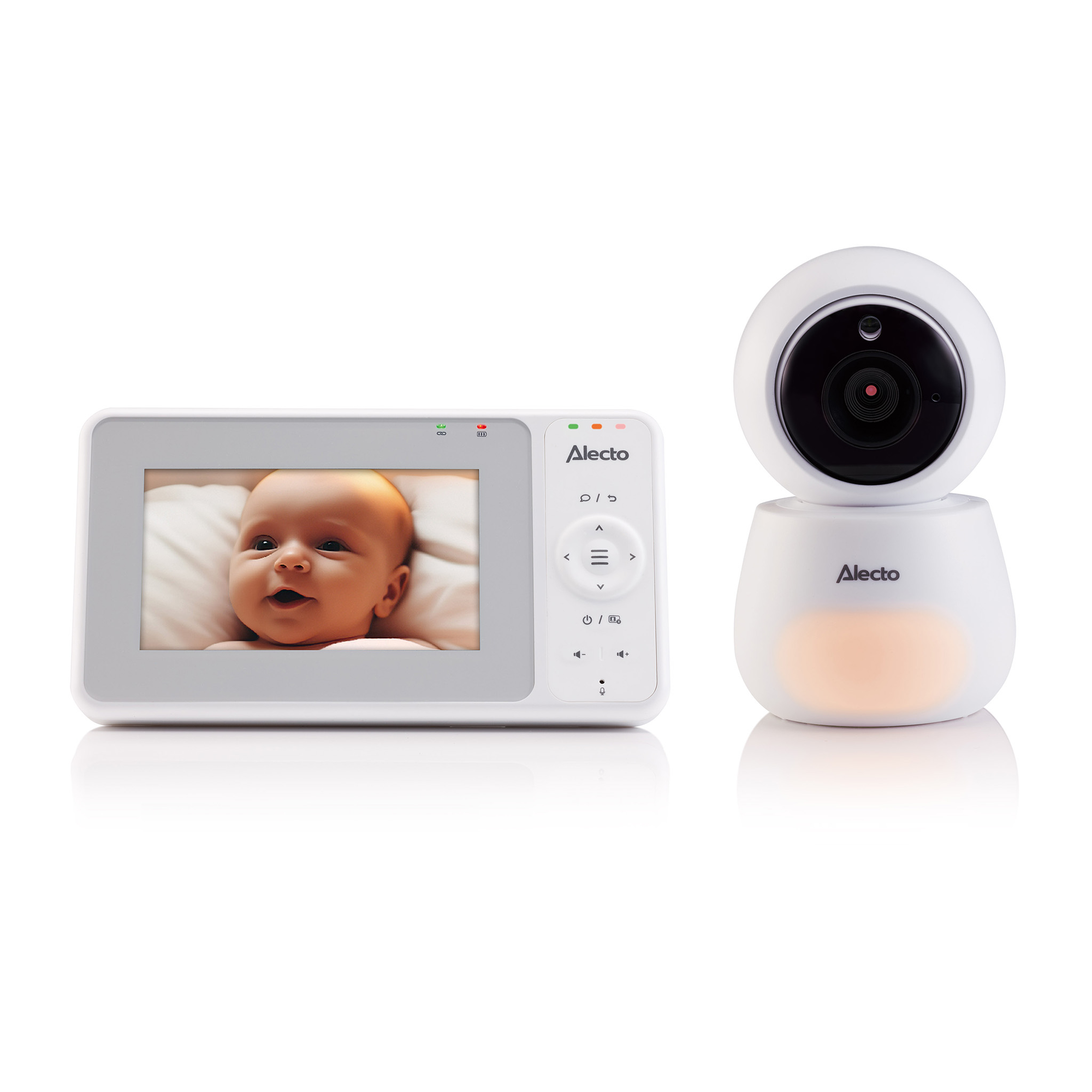 Baby monitor with a screen showing a baby's face, and a camera on a white base.