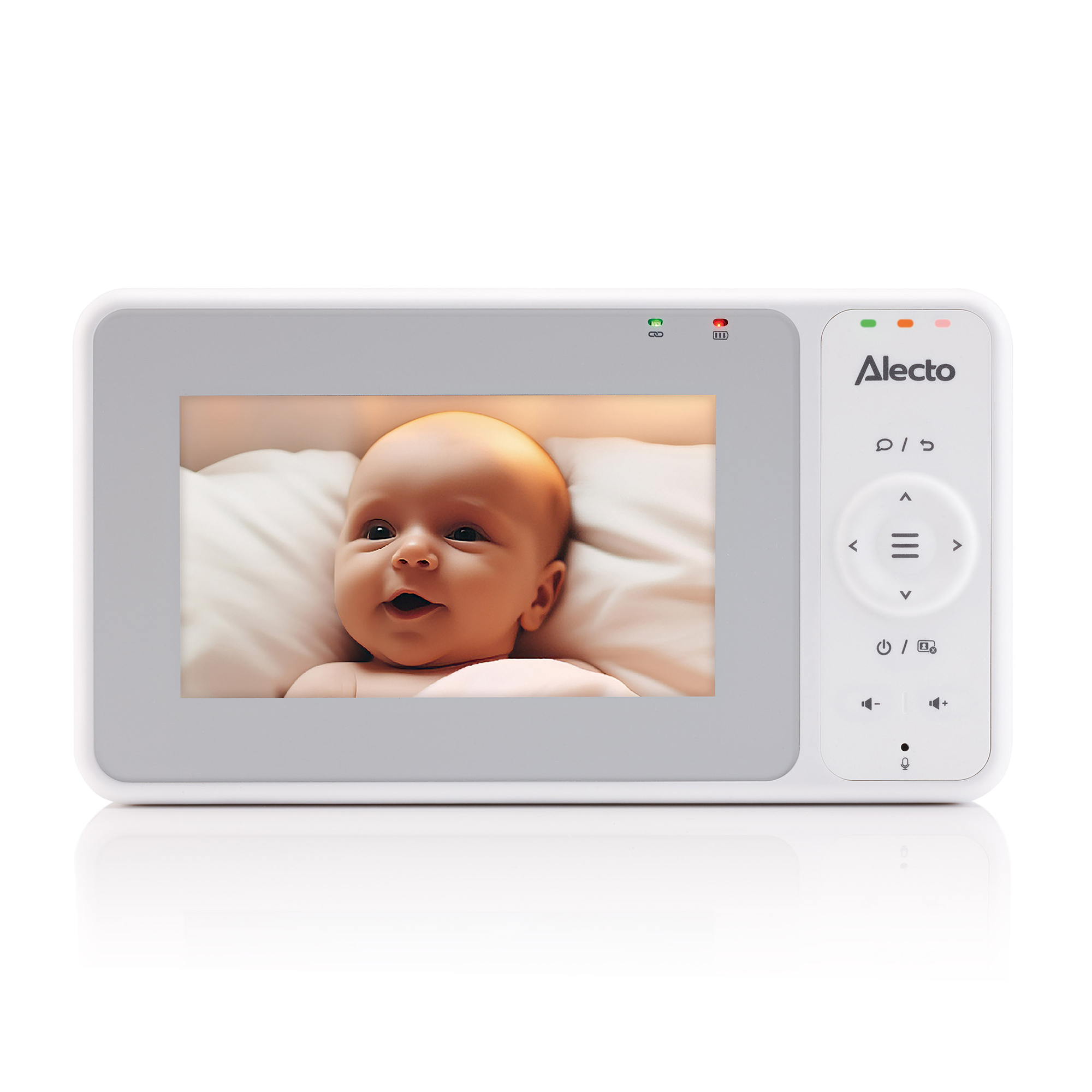 Baby monitor displaying a baby's face, surrounded by a white frame, and control buttons.