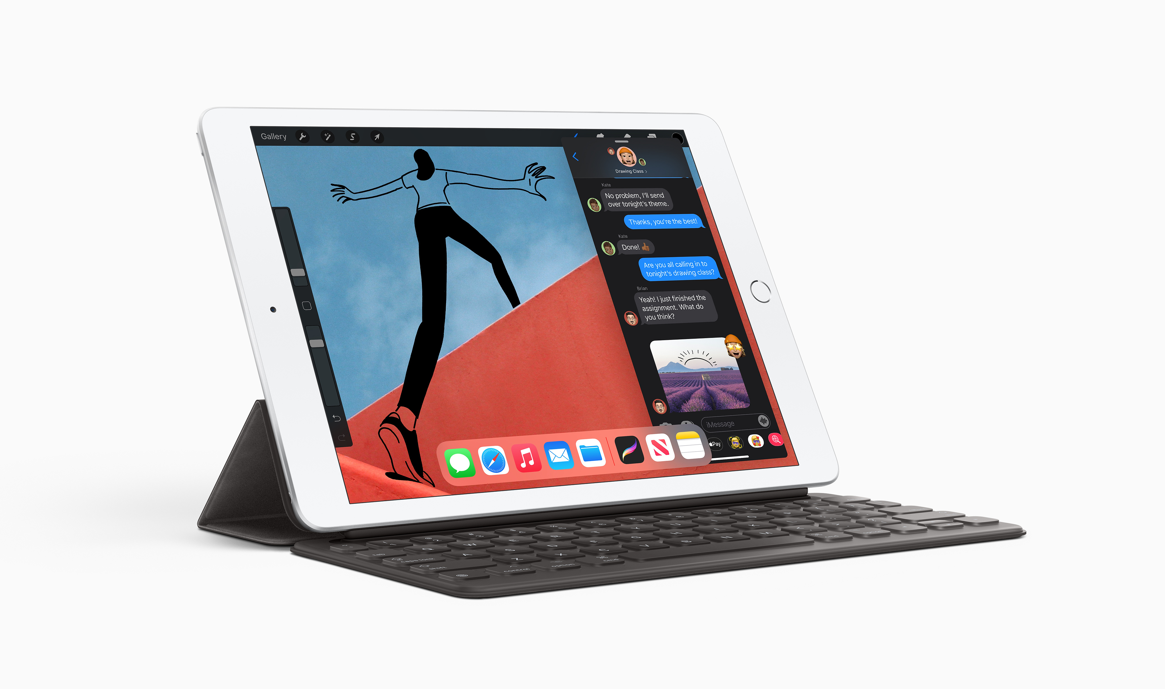 iPad met toetsenbord: tekening op scherm, chatberichten, app-iconen.