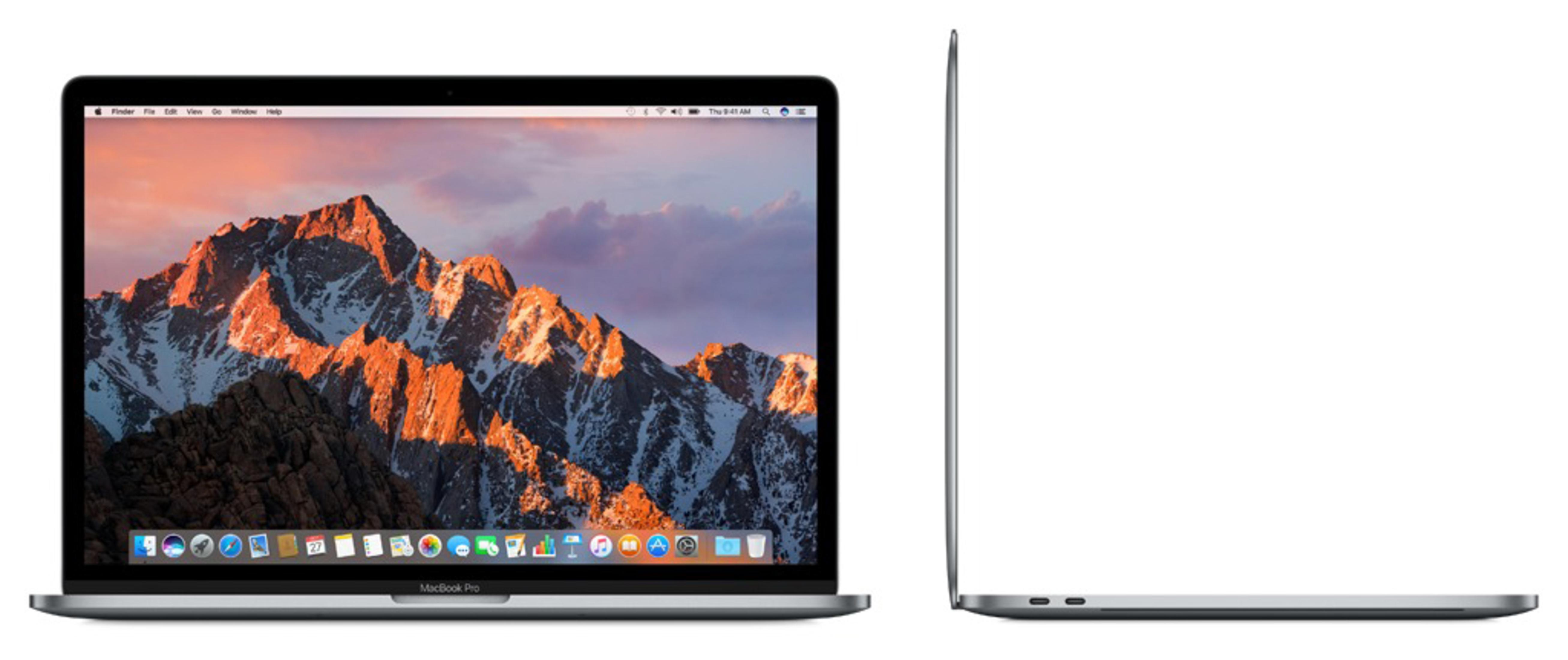 Ein Laptop, der eine Berglandschaft zeigt, und eine Seitenansicht desselben Laptops auf weißem Hintergrund.