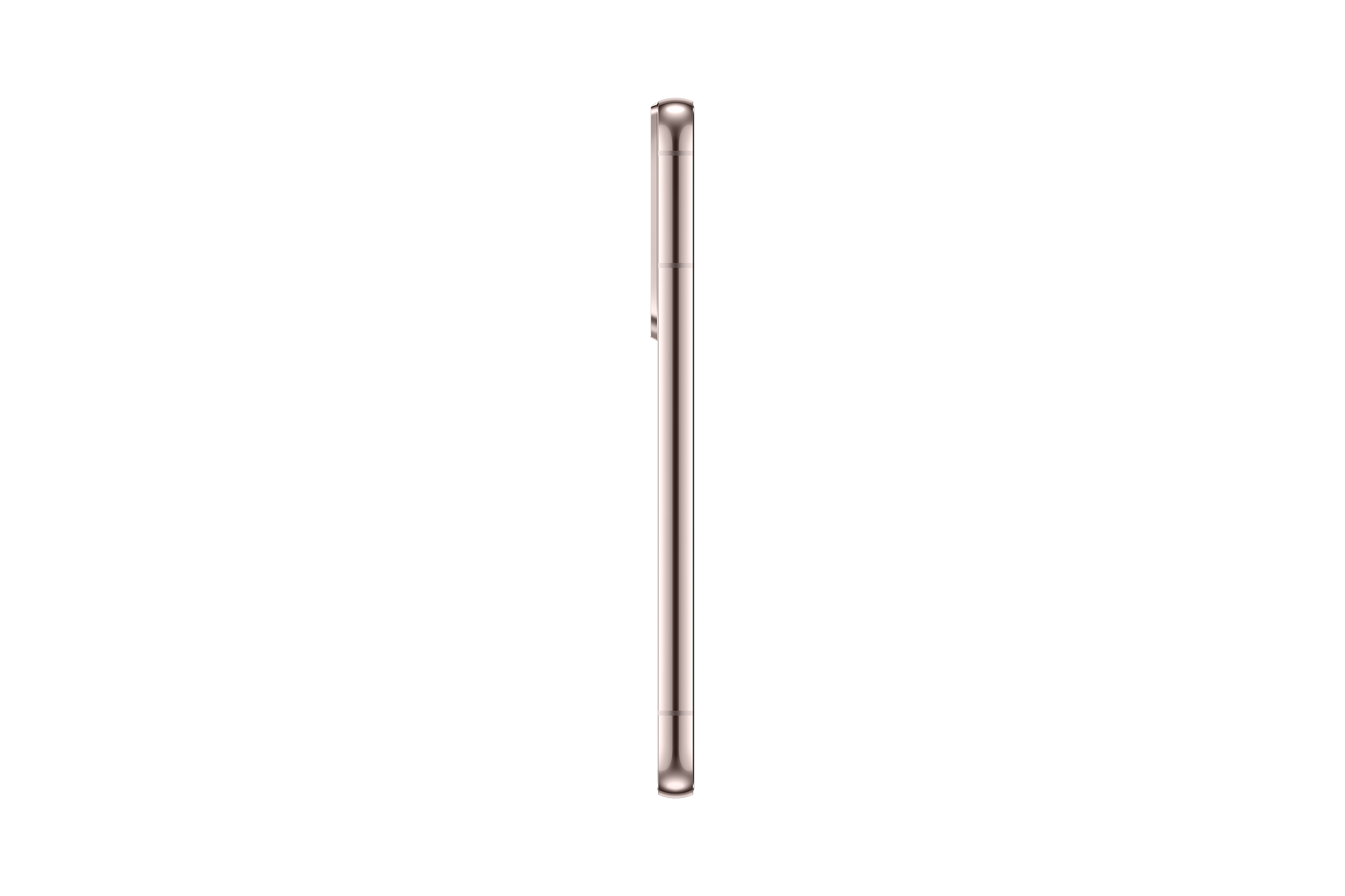 Profilo laterale di uno smartphone oro rosa. La protuberanza della fotocamera, i pulsanti e la porta di ricarica sono visibili. Sfondo bianco.