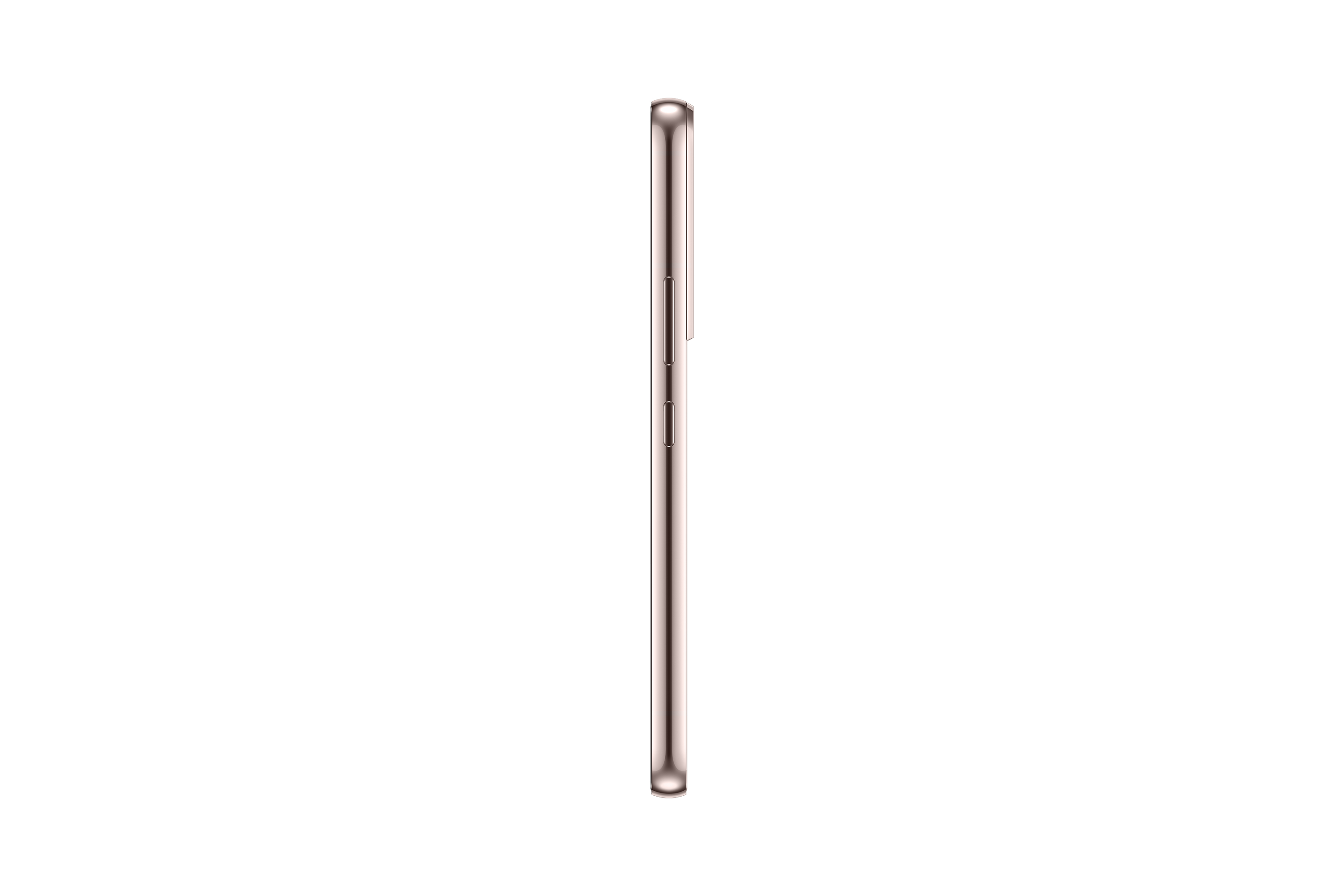 Vista laterale di uno smartphone oro rosa su sfondo bianco. Design minimalista.