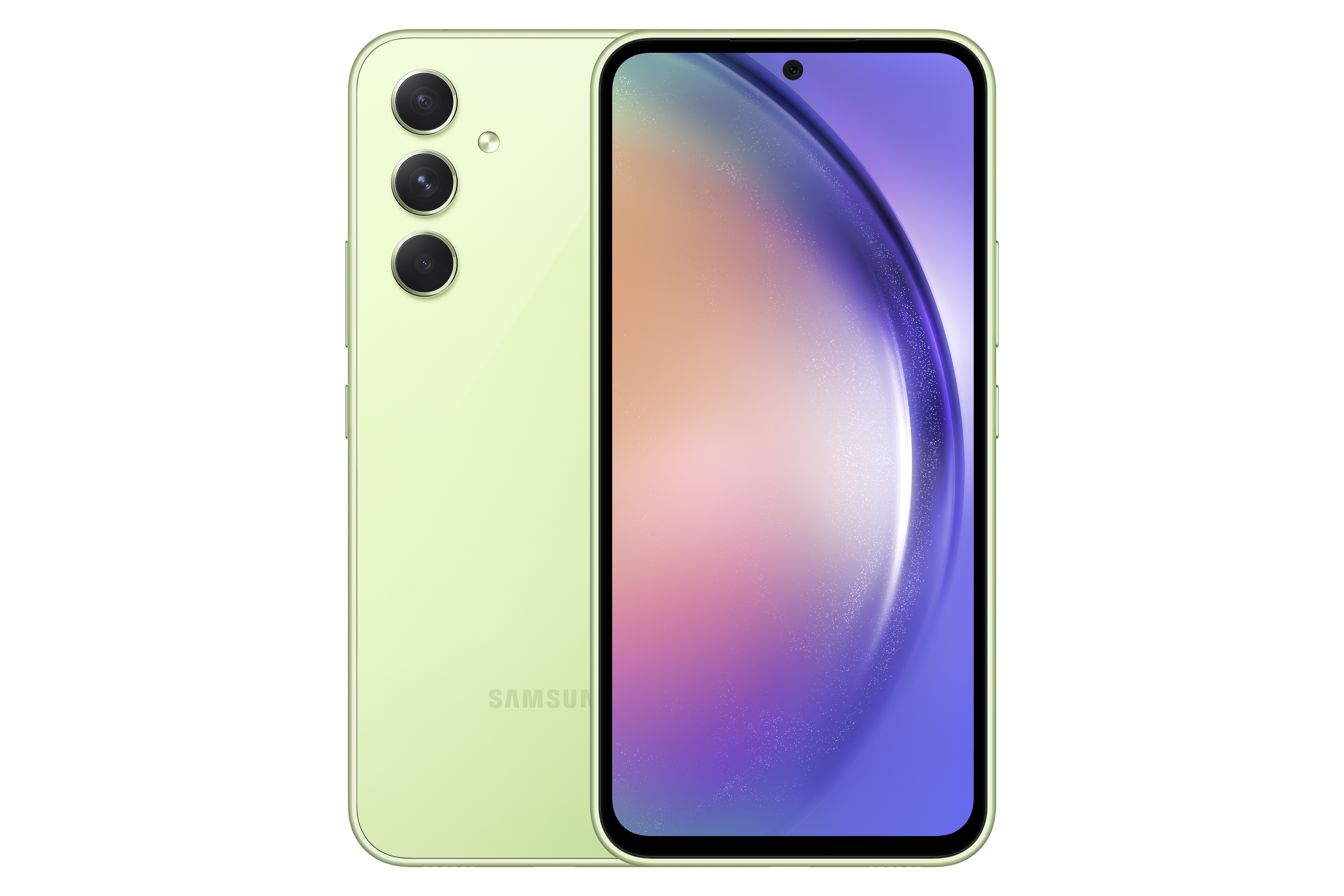 Yeşil Samsung akıllı telefon, arka ve ön görünüm, beyaz bir arka plan üzerinde. Ön tarafında bir ekran var.