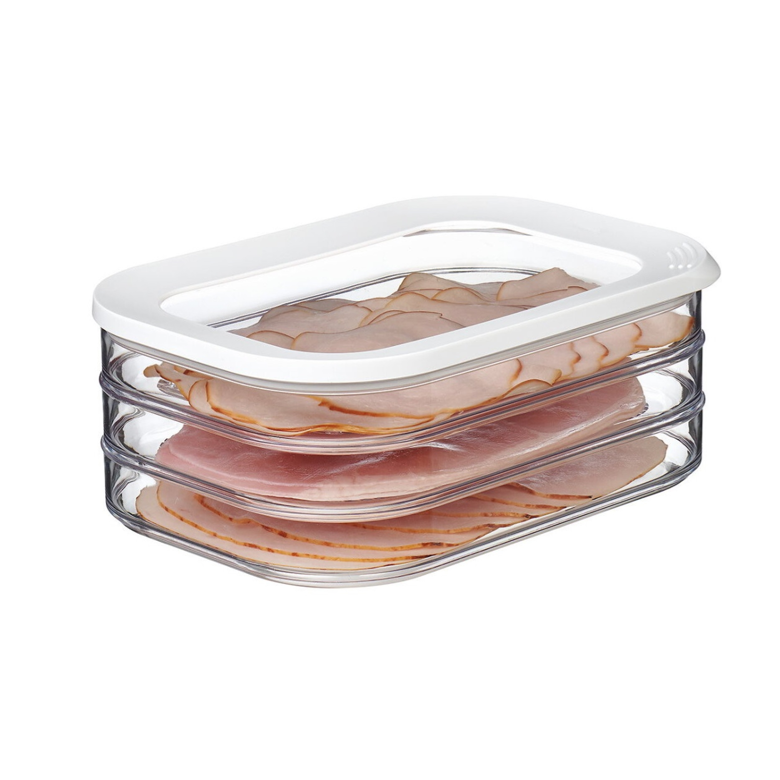 Ein transparenter Lebensmittelbehälter mit aufgeschnittenem Fleisch. Drei Fleischschichten sind sichtbar.