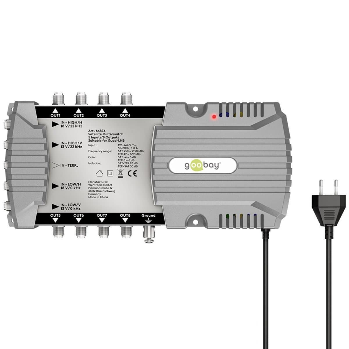 Silberner Satelliten-Multi-Switch mit mehreren Ein- und Ausgängen und einem Stecker.