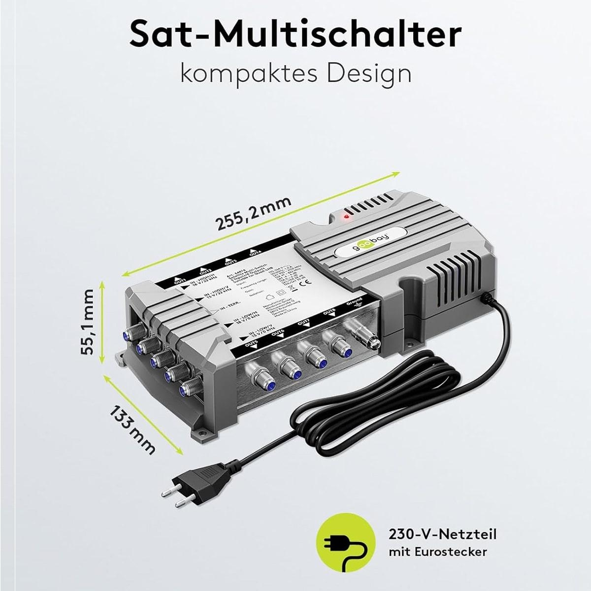 Grauer Satelliten-Multischalter mit Abmessungen, Kabeln und Stecker.